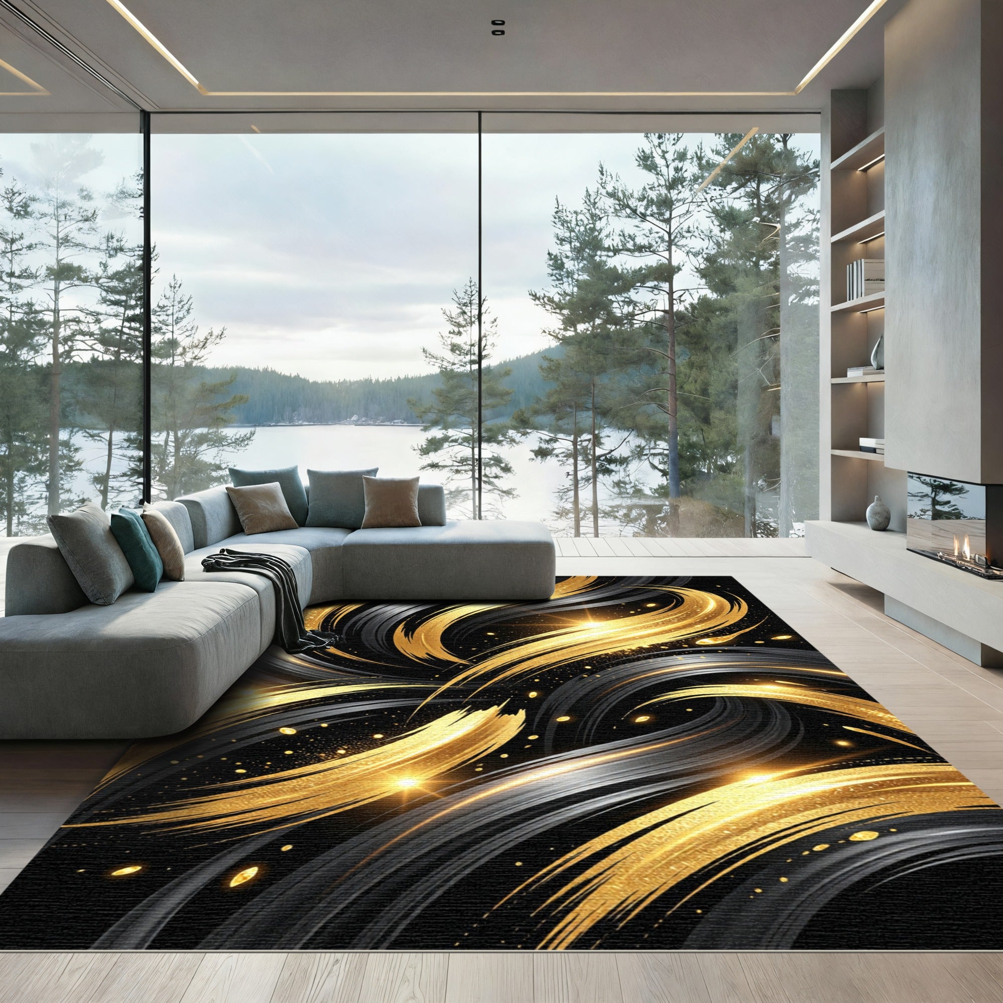 Elegant Golden Swirl Abstract Black Essence Rug