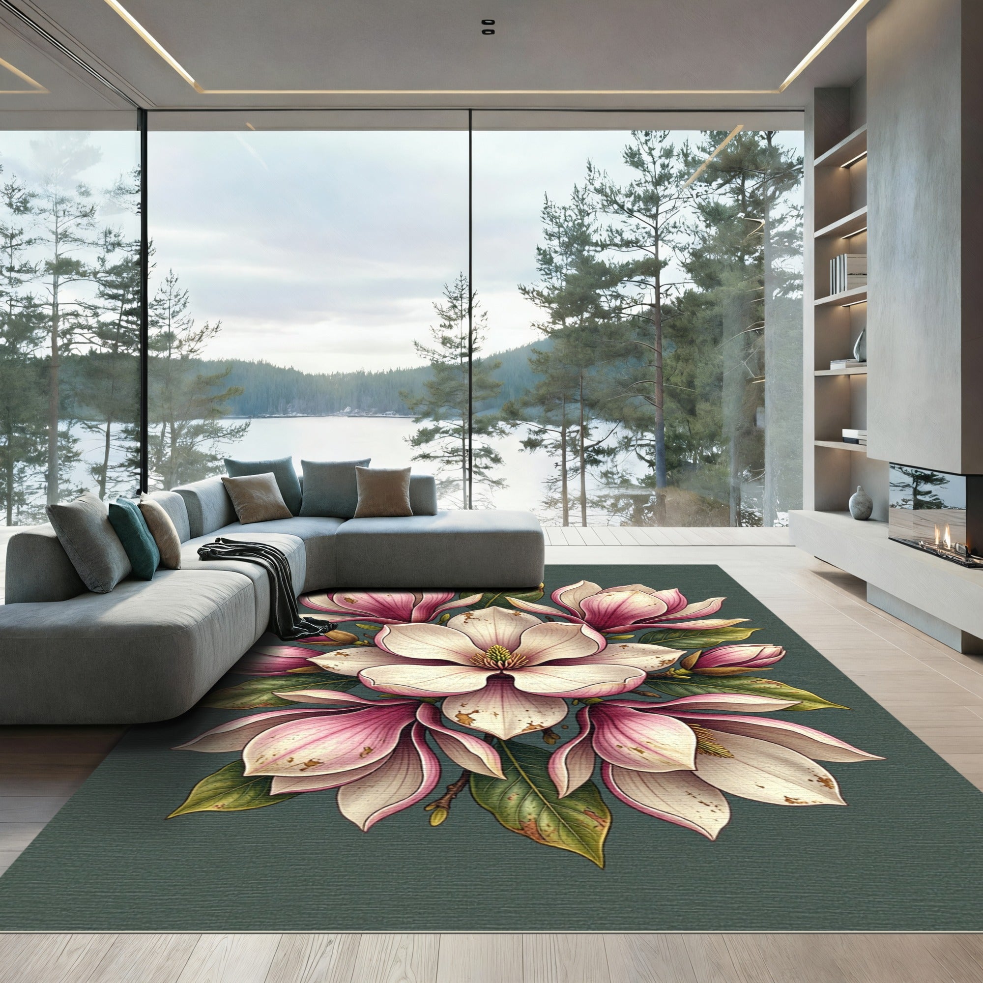 Elegant Pink Magnolia Floral Botanical Rug