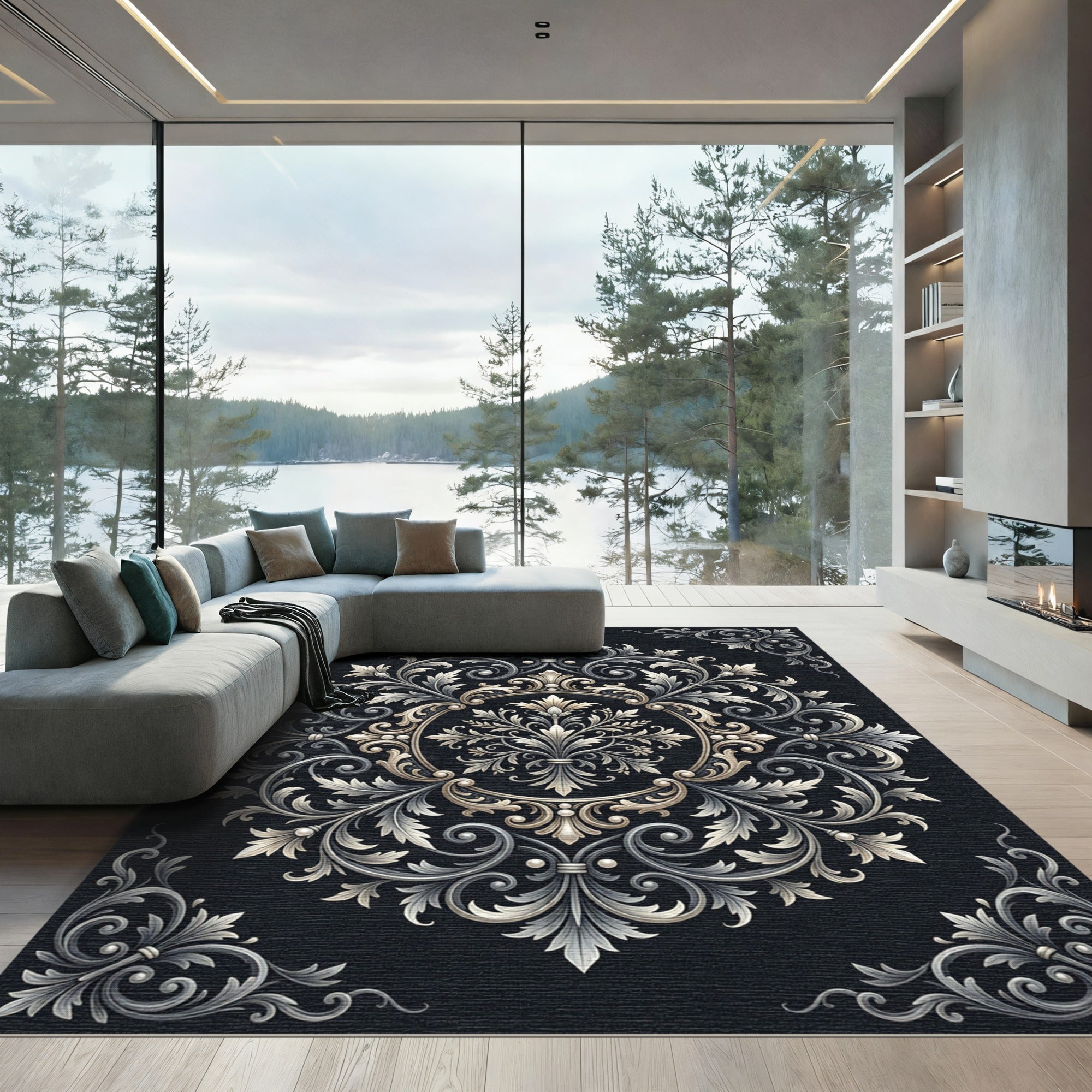 Elegant Silver Scrollwork Medallion Rug