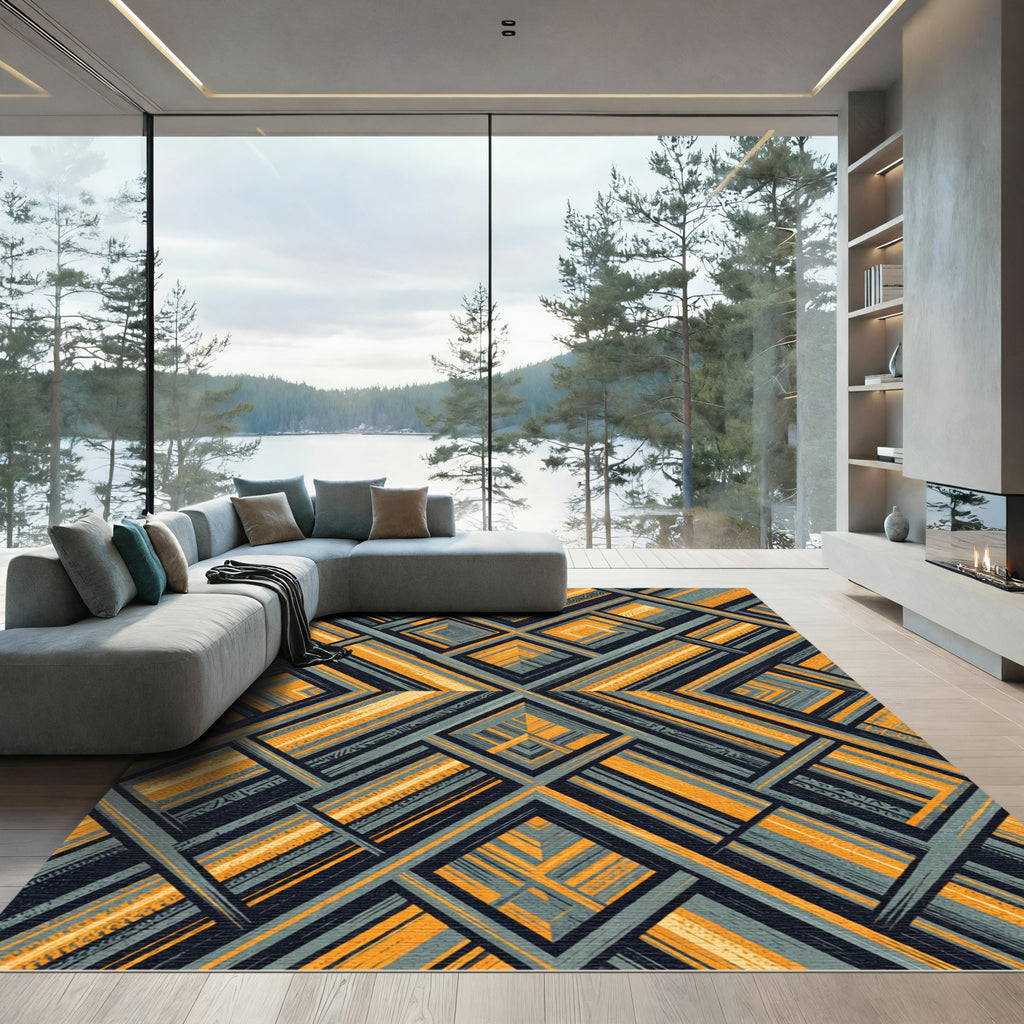 Modern Charcoal and Gold Geometric Diamond Rug