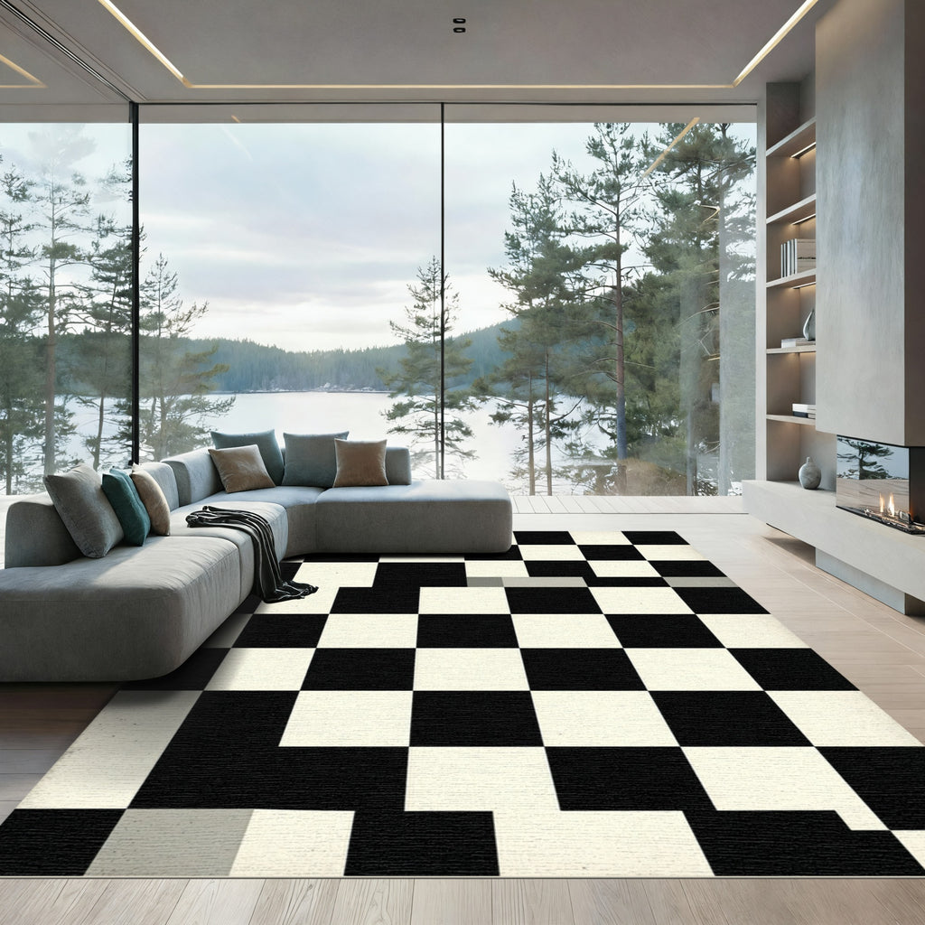 Modern Black White Checkerboard Squares Rug