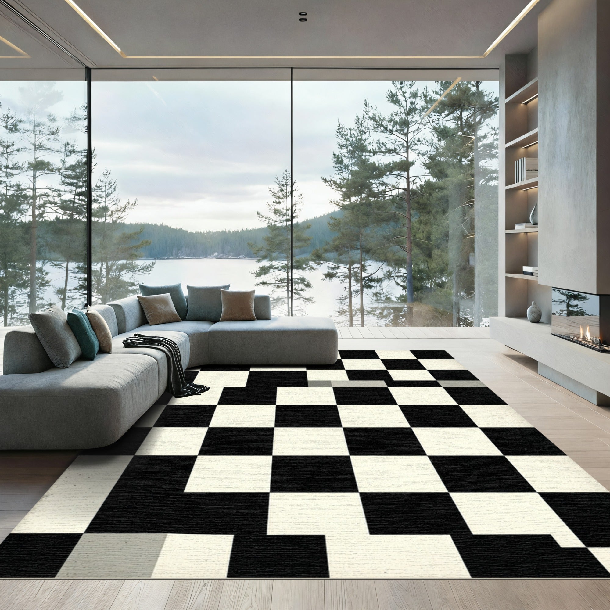 Modern Black White Checkerboard Squares Rug