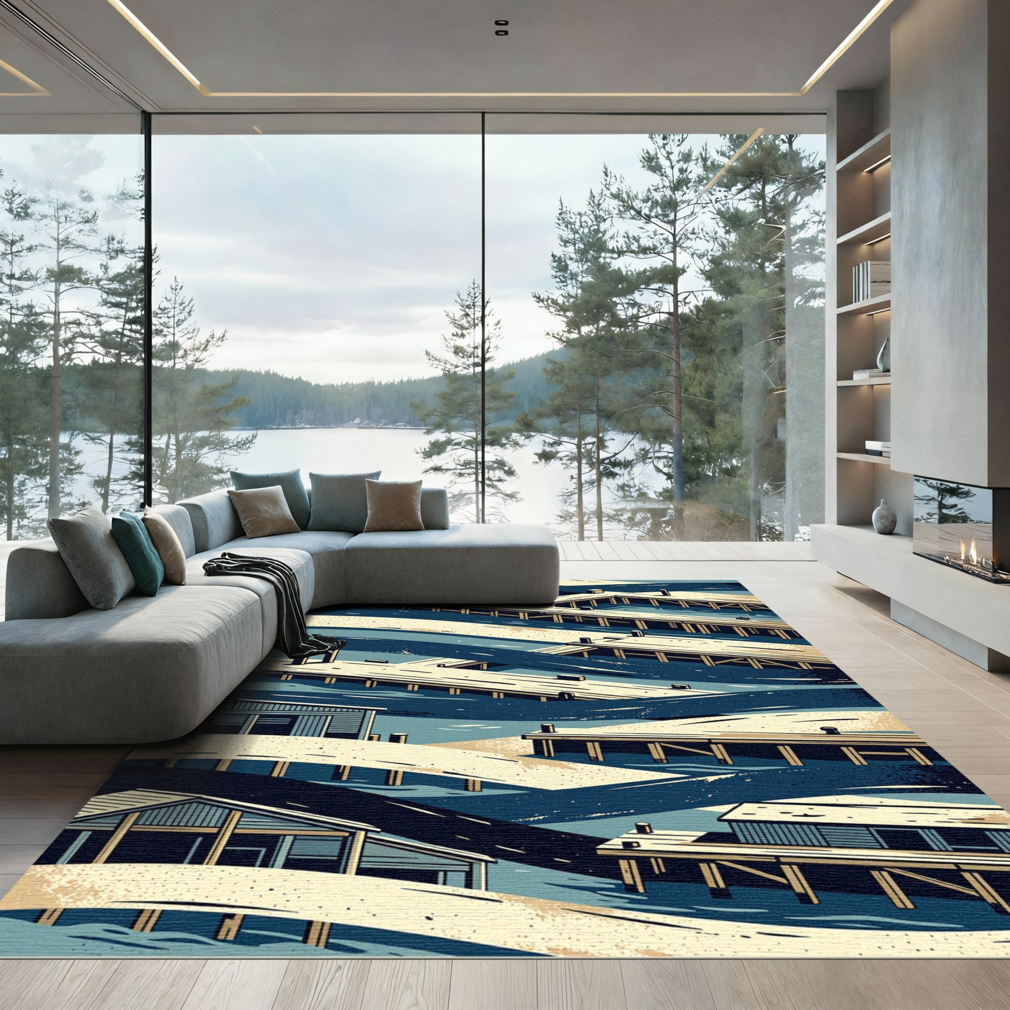 Geometric Navy Coastal Pier Shoreline Rug