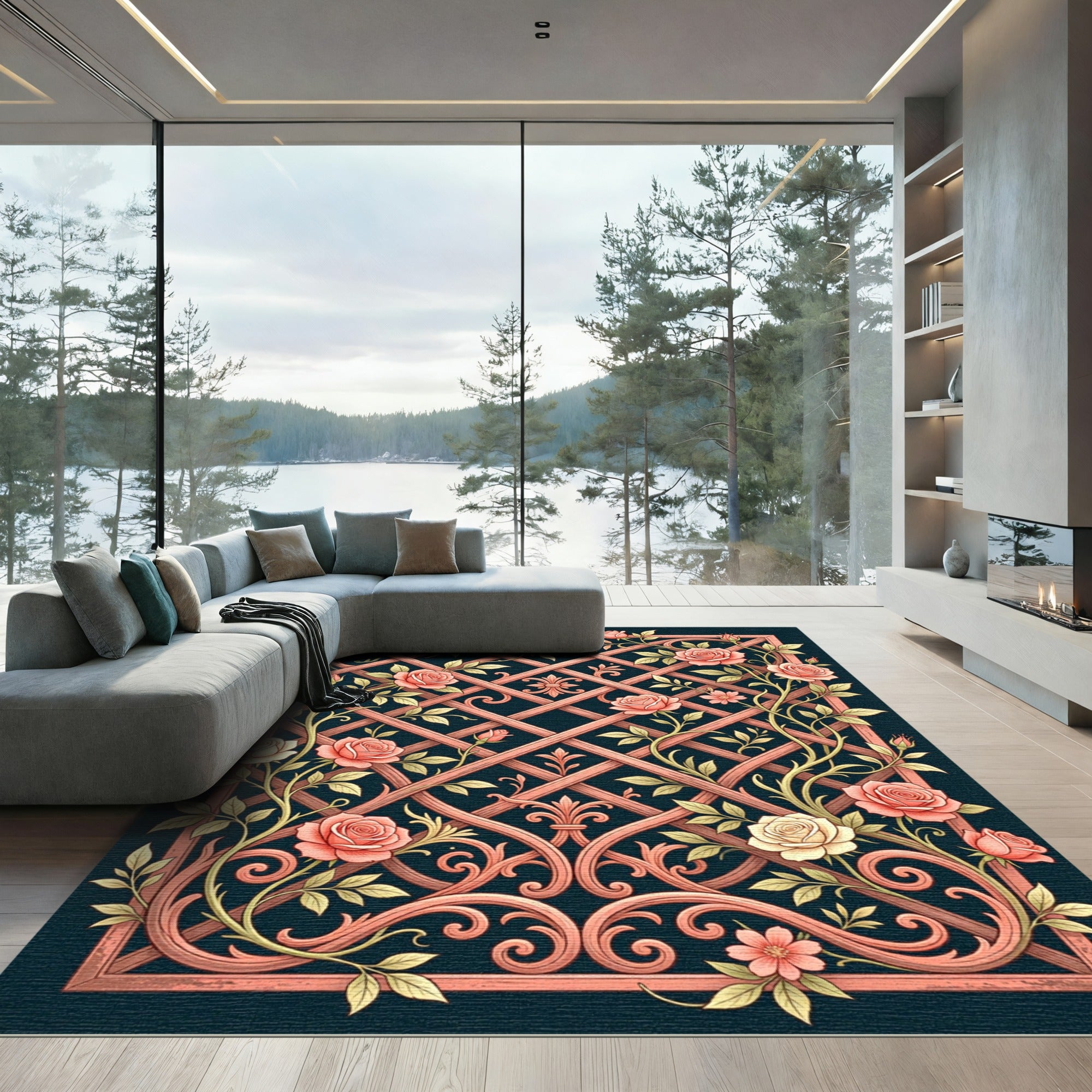 Coral Rose Trellis Scrollwork Rug