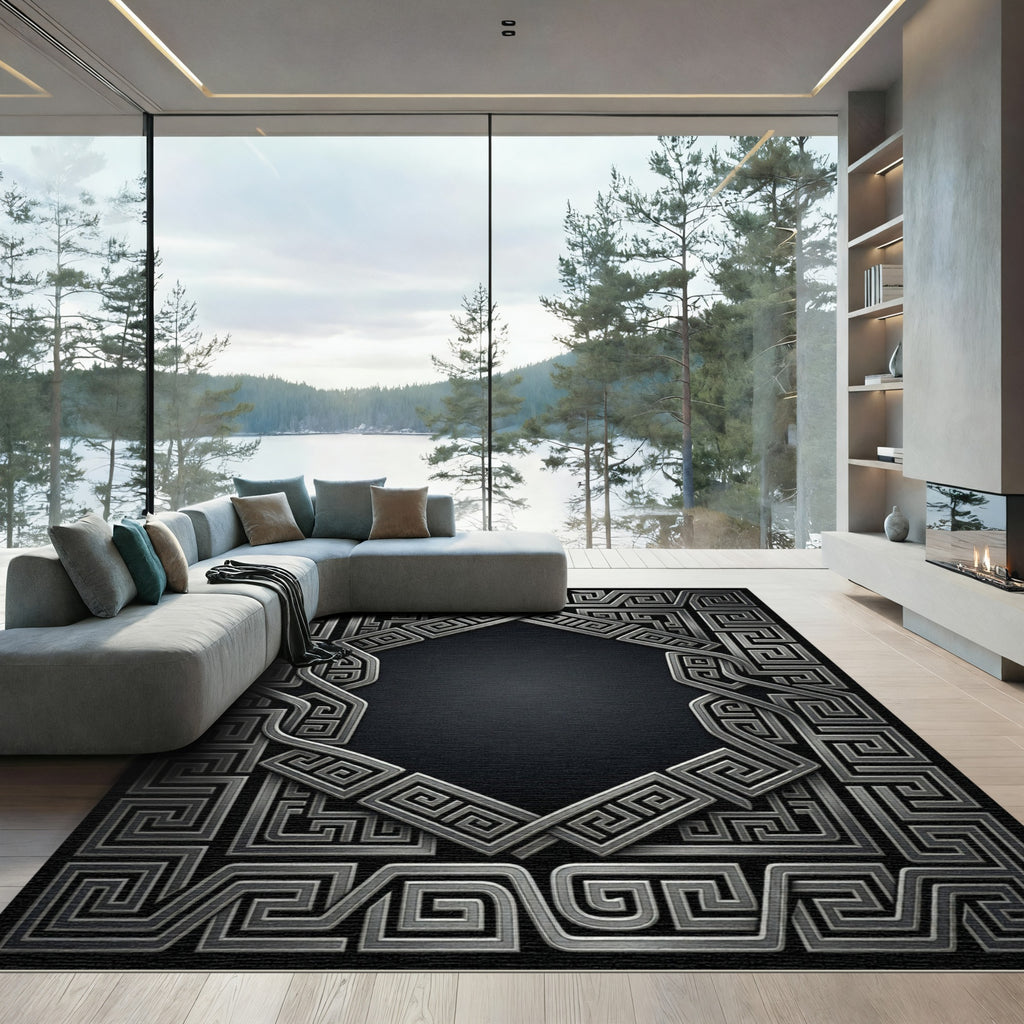 Silver Greek Key Geometric Frame Rug