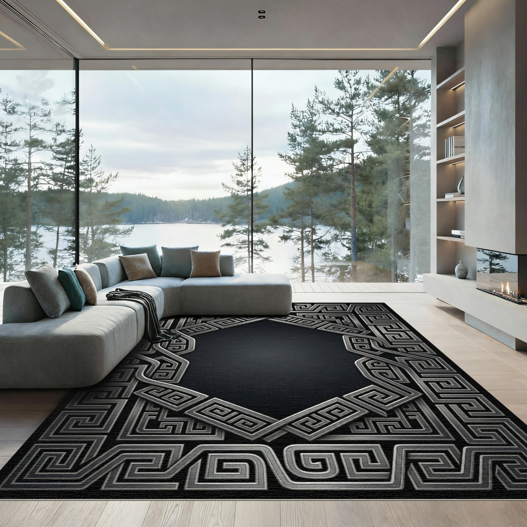 Silver Greek Key Geometric Frame Rug