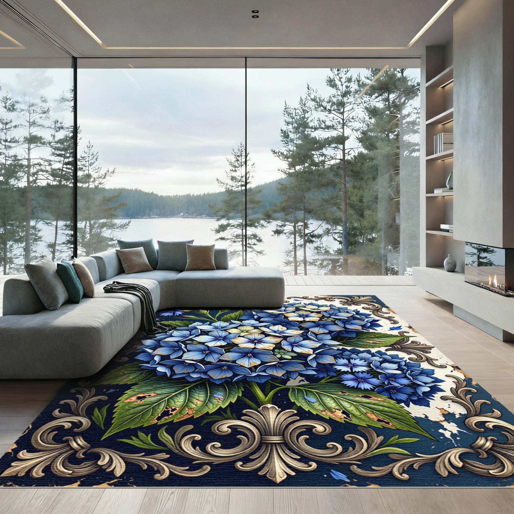 Ornate Blue Hydrangea Floral Arrangement Rug