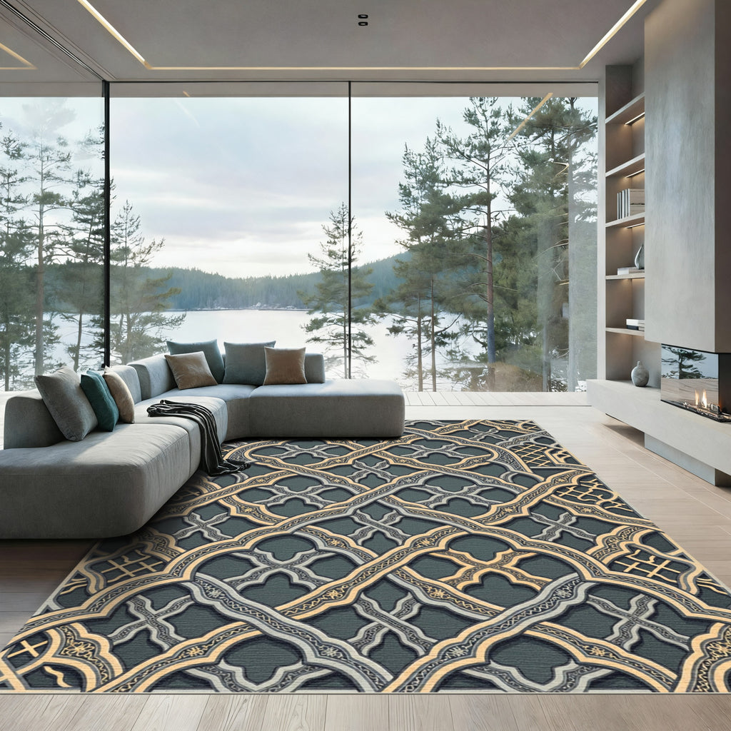 Intricate Golden Arched Lattice Gray Rug