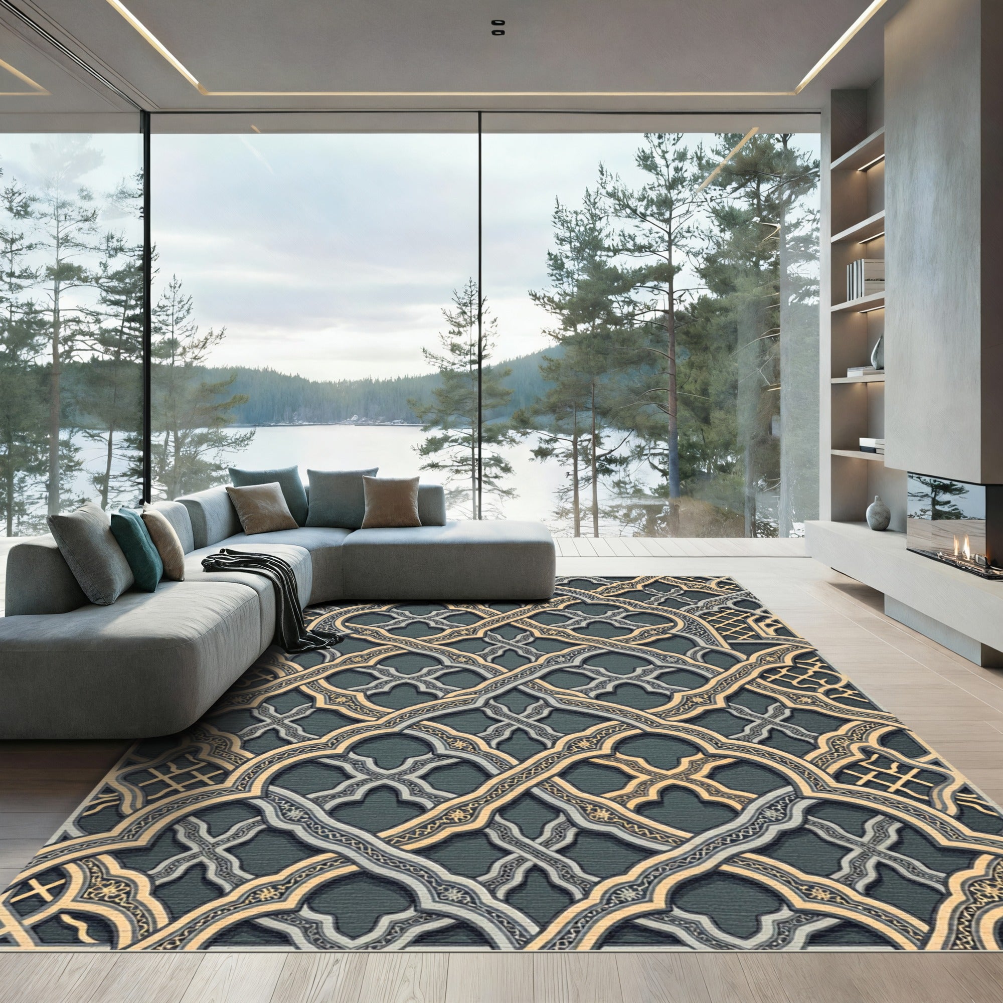 Intricate Golden Arched Lattice Gray Rug