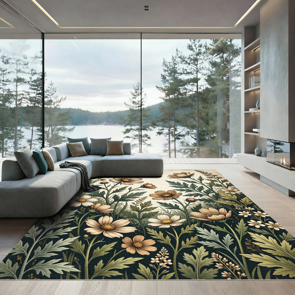 Vintage Earthy Floral Meadow Illustration Rug