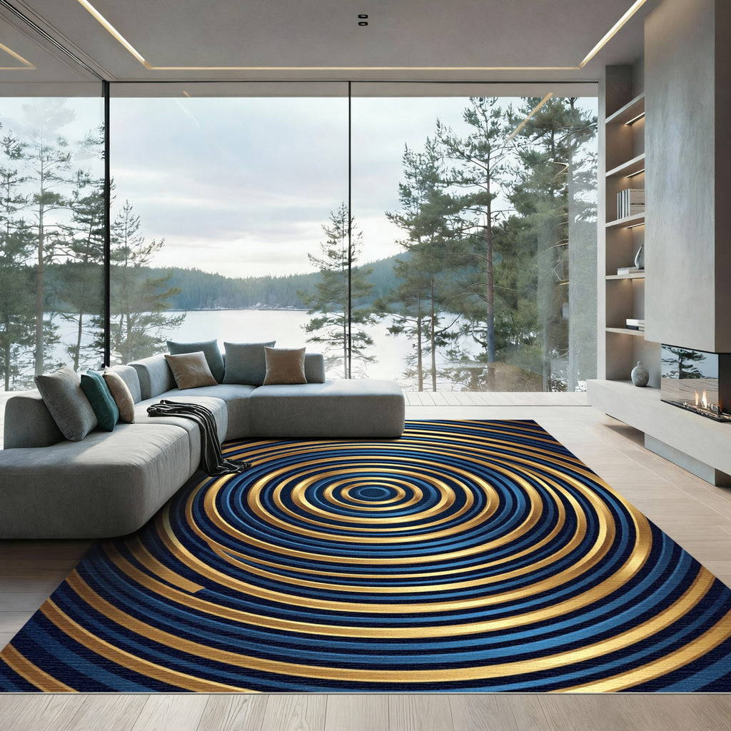 Modern Navy and Gold Concentric Circles Rug