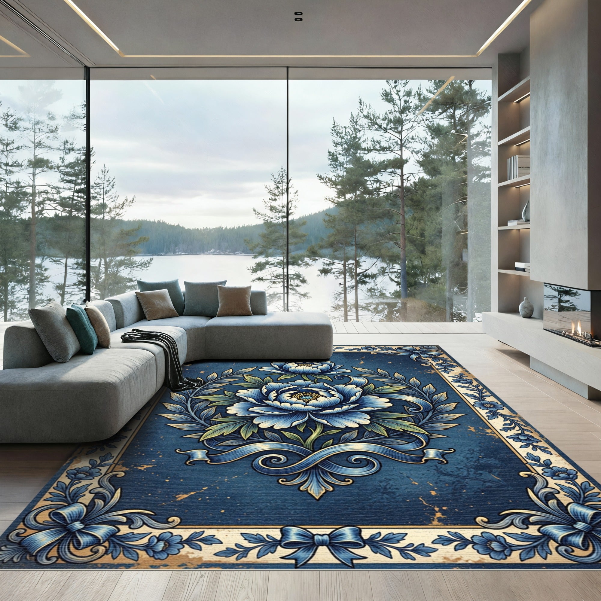 Elegant Navy Peony Wreath Ribbon Frame Rug