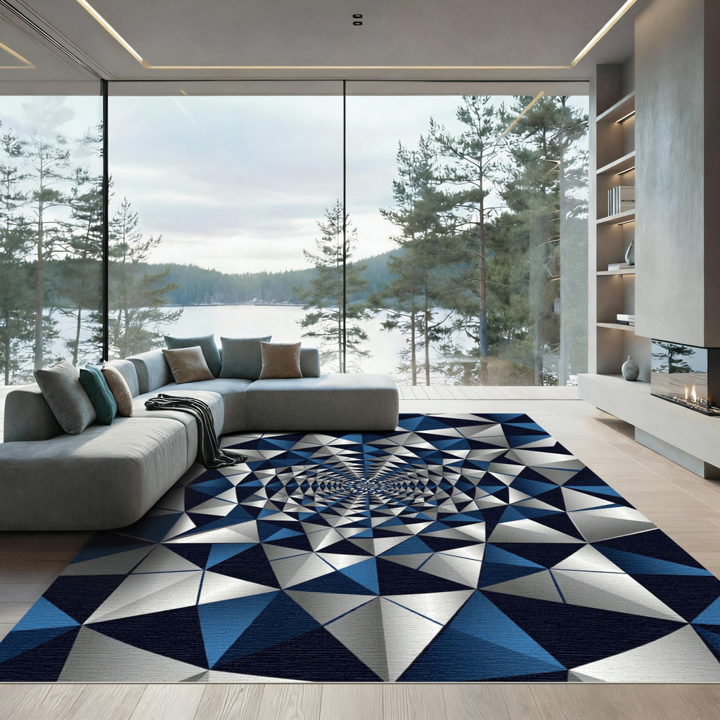 Contemporary Blue Silver Geometric Fractal Rug