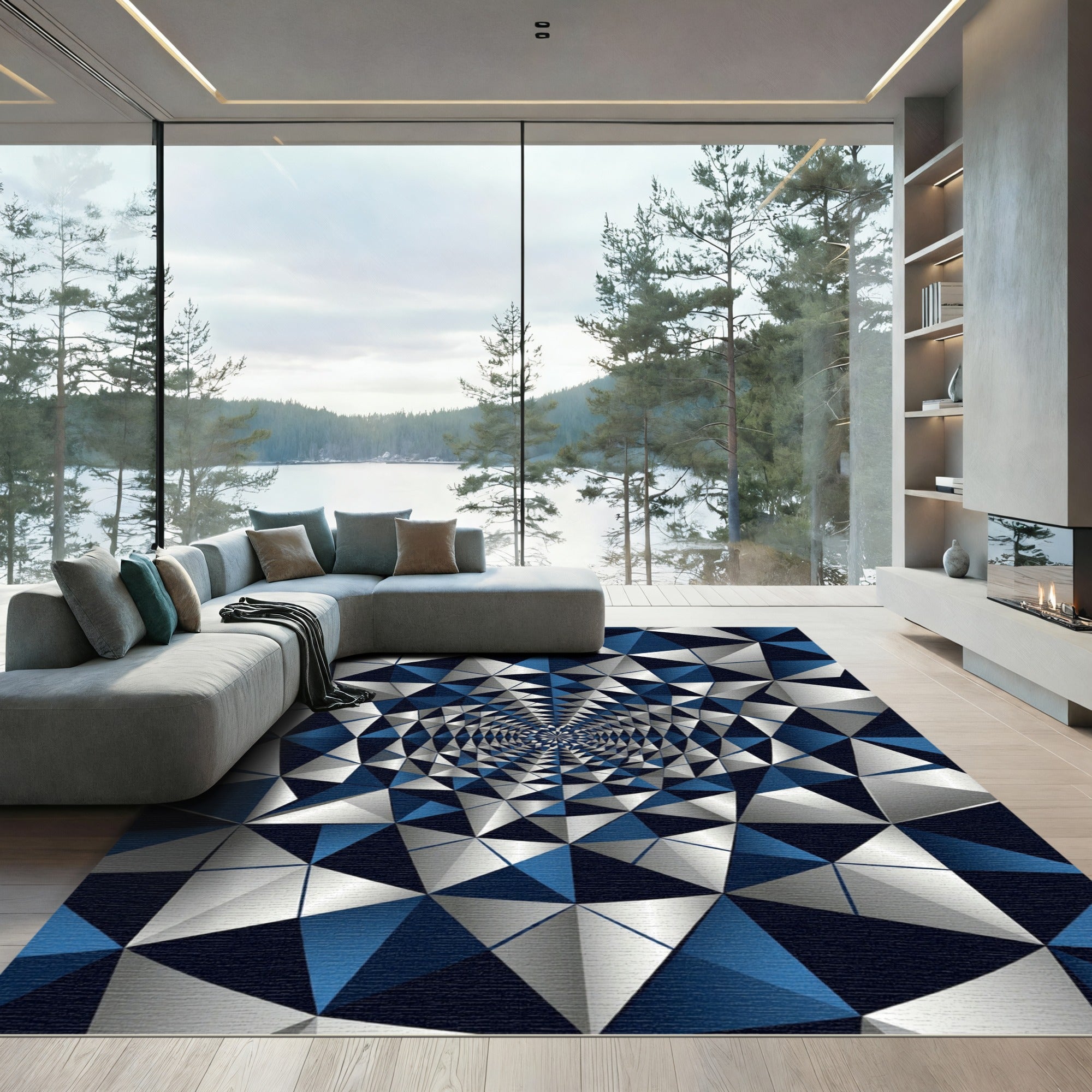 Contemporary Blue Silver Geometric Fractal Rug