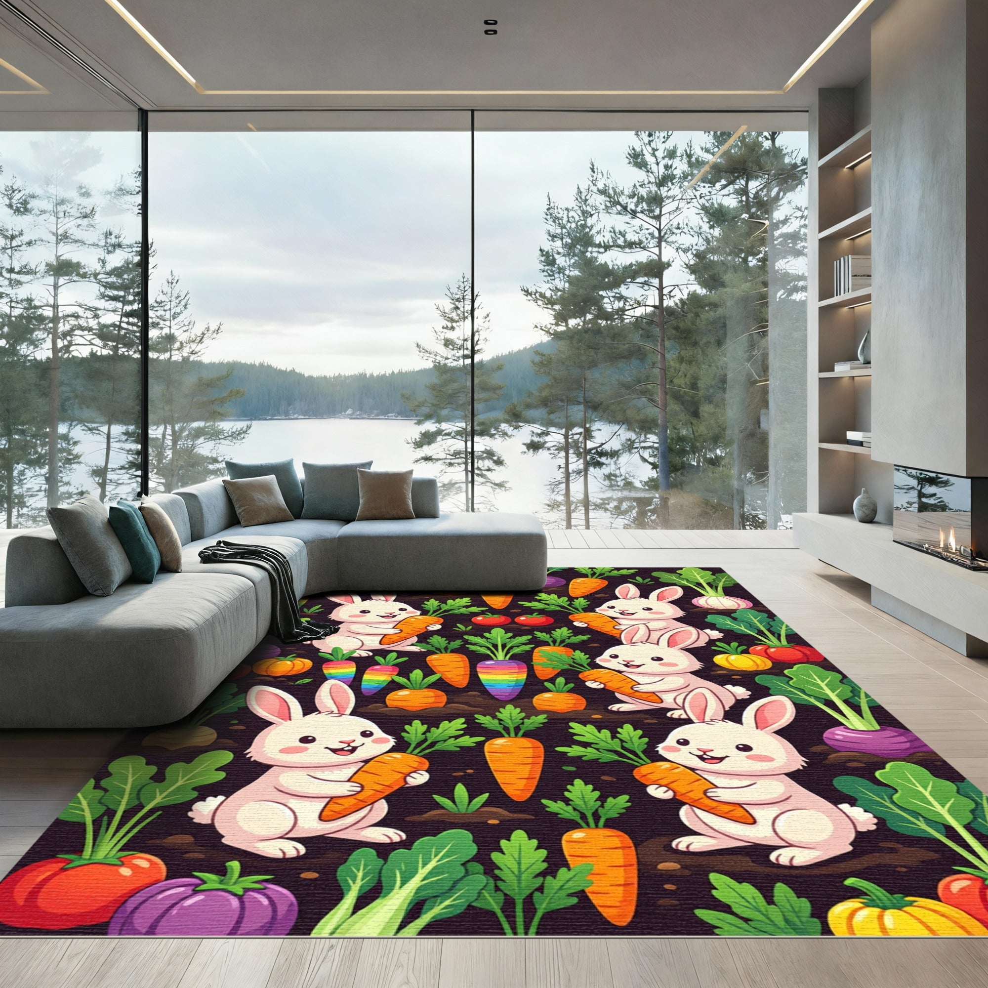 Playful Rabbit and Rainbow Carrot Garden Rug