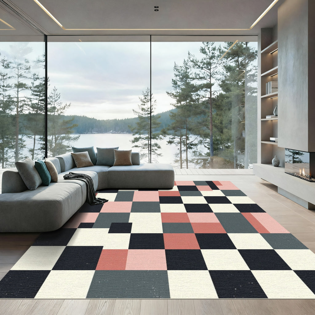 Modern Geometric Grid in Blush and Charcoal Rug