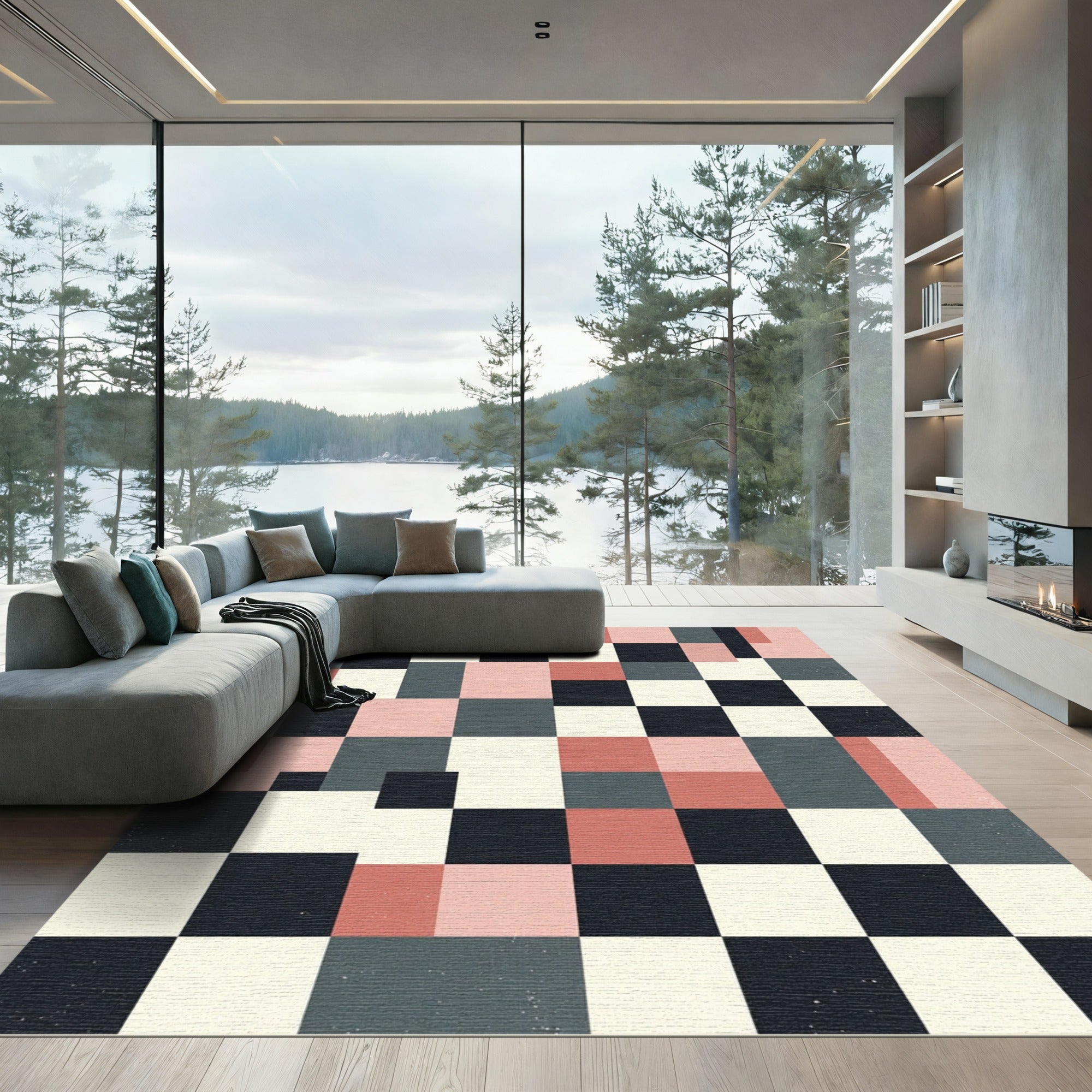 Modern Geometric Grid in Blush and Charcoal Rug