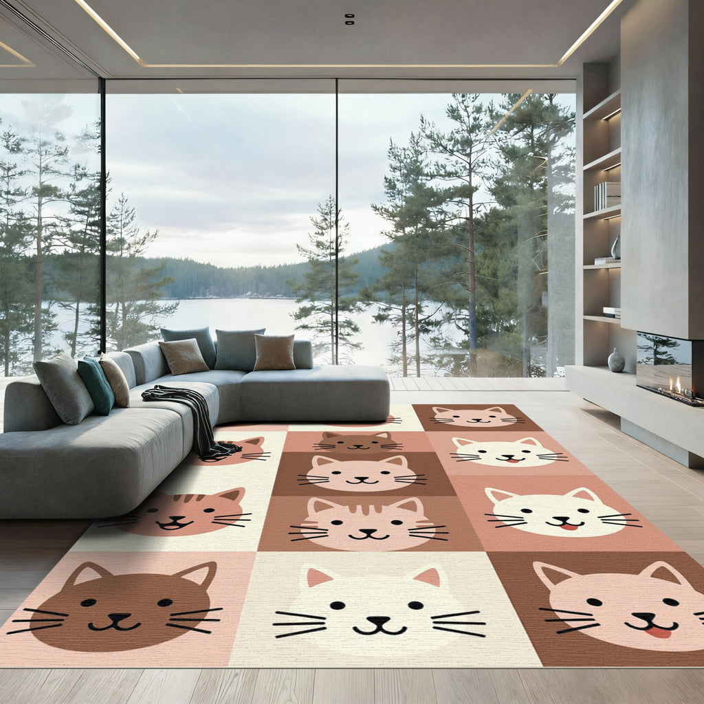 Cute Cat Face Grid Neutral Rug