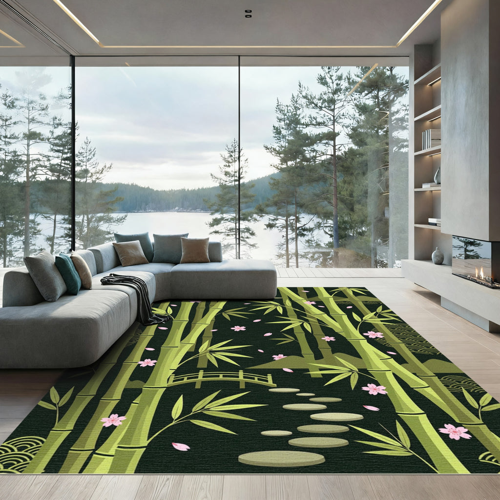 Serene Bamboo Cherry Blossom Garden Path Rug