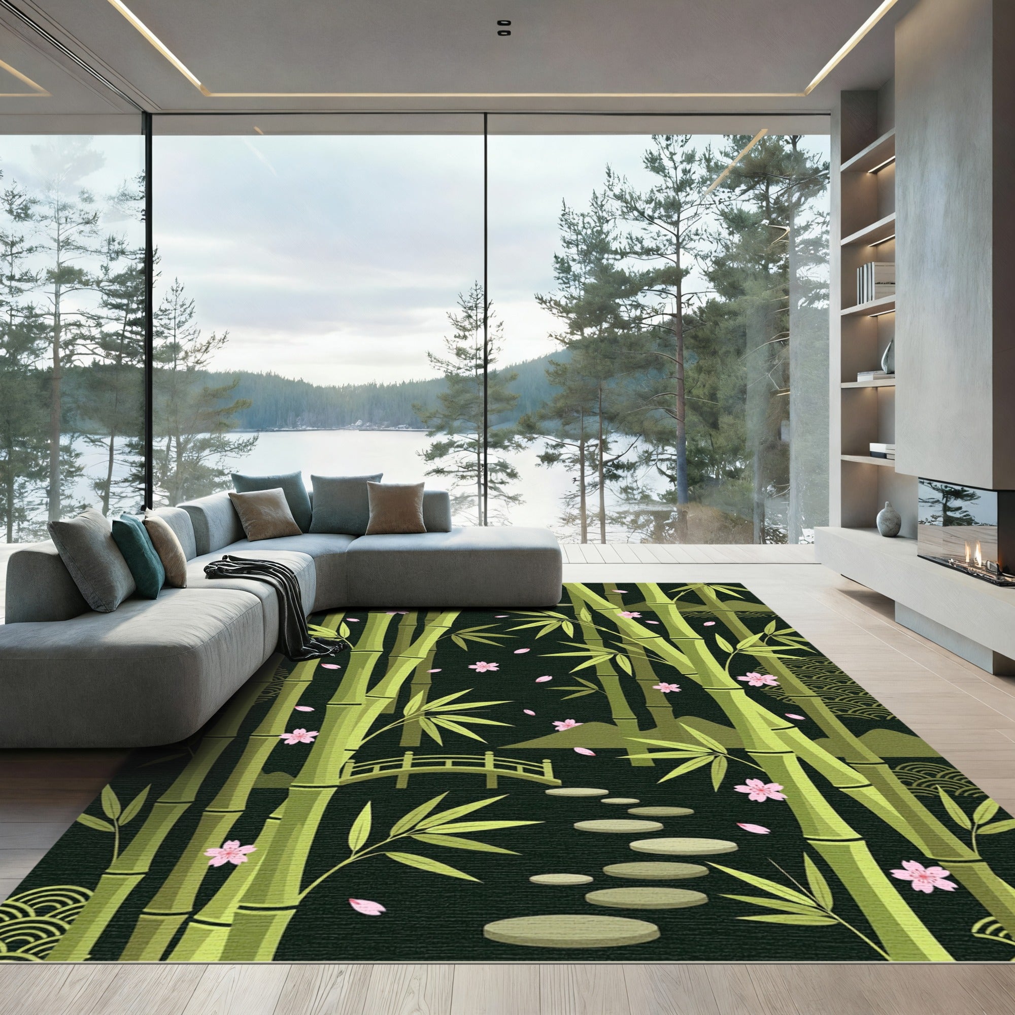 Serene Bamboo Cherry Blossom Garden Path Rug