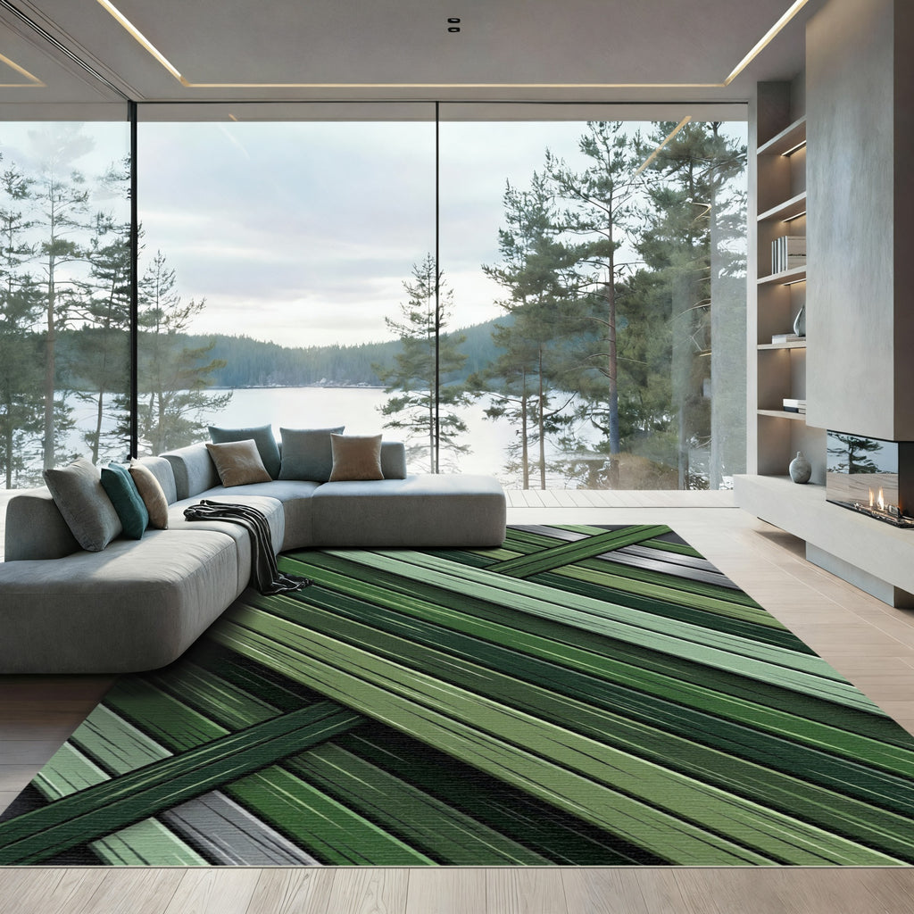 Geometric Forest Green Slatted Lines Rug