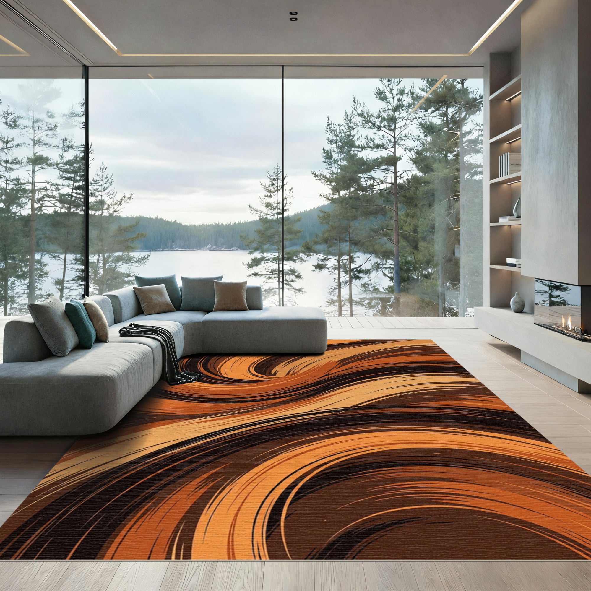 Abstract Golden Brown Swirling Wave Rug