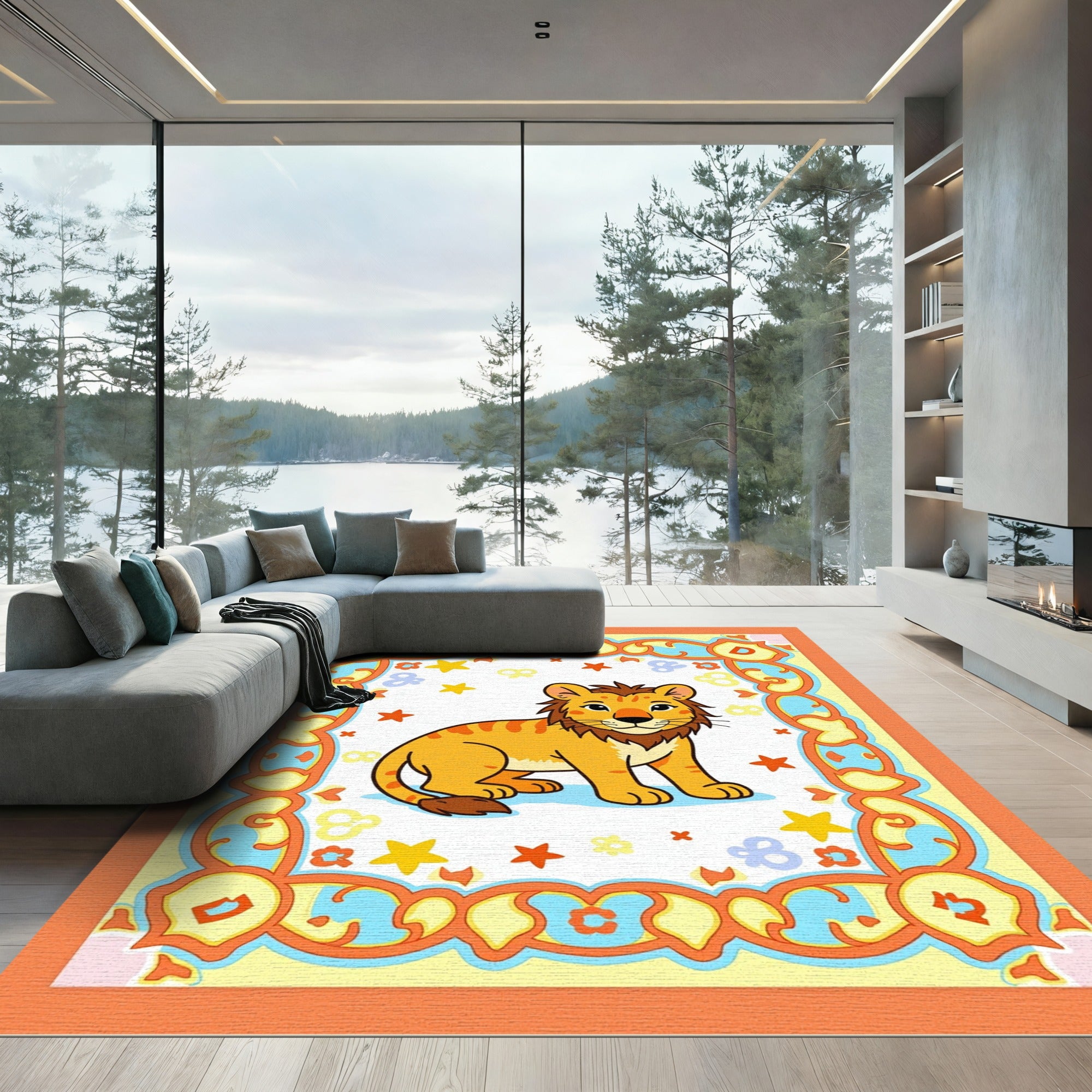 Orange Bordered Lion Cub Playful Stars Rug