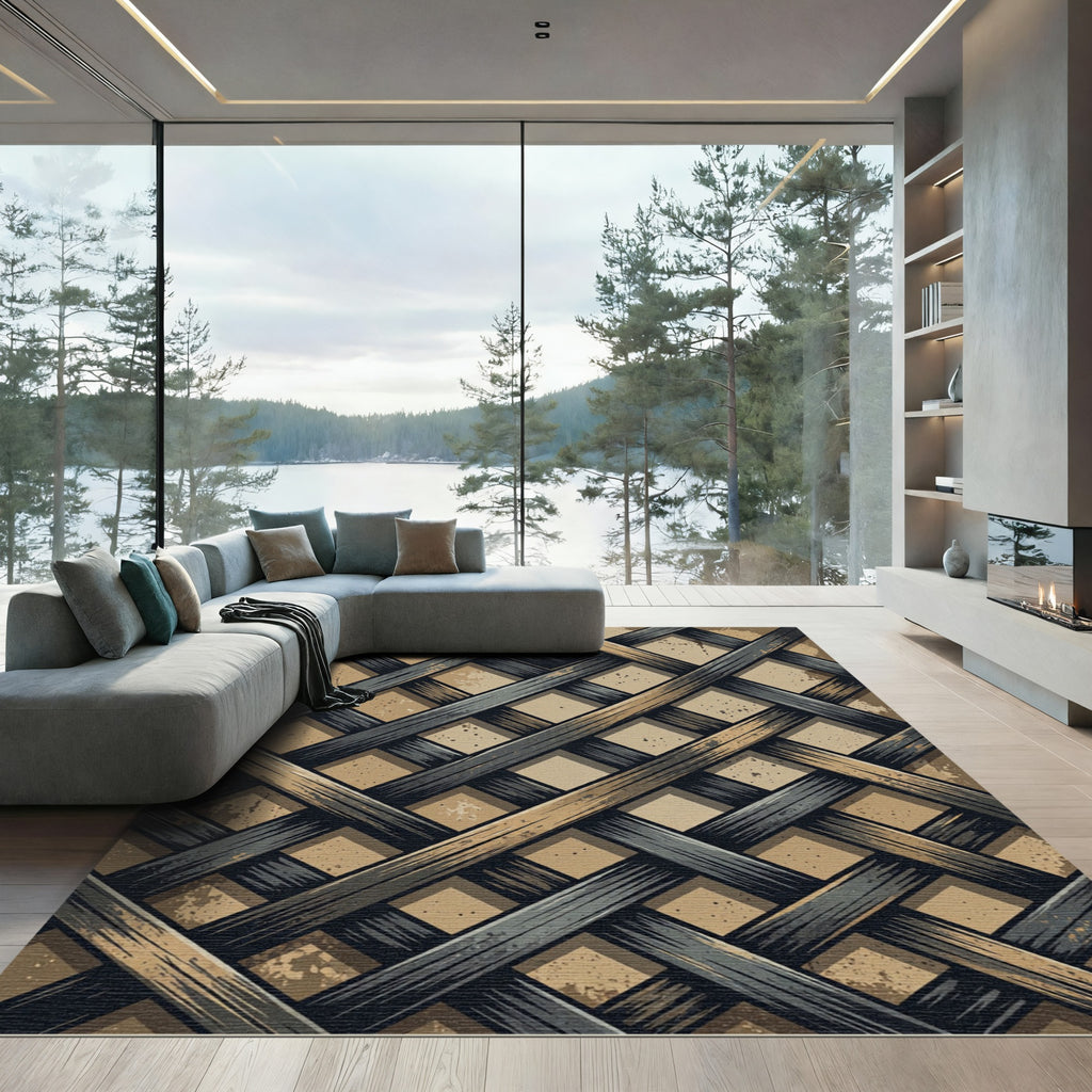 Interwoven Charcoal and Sand Crosshatch Rug
