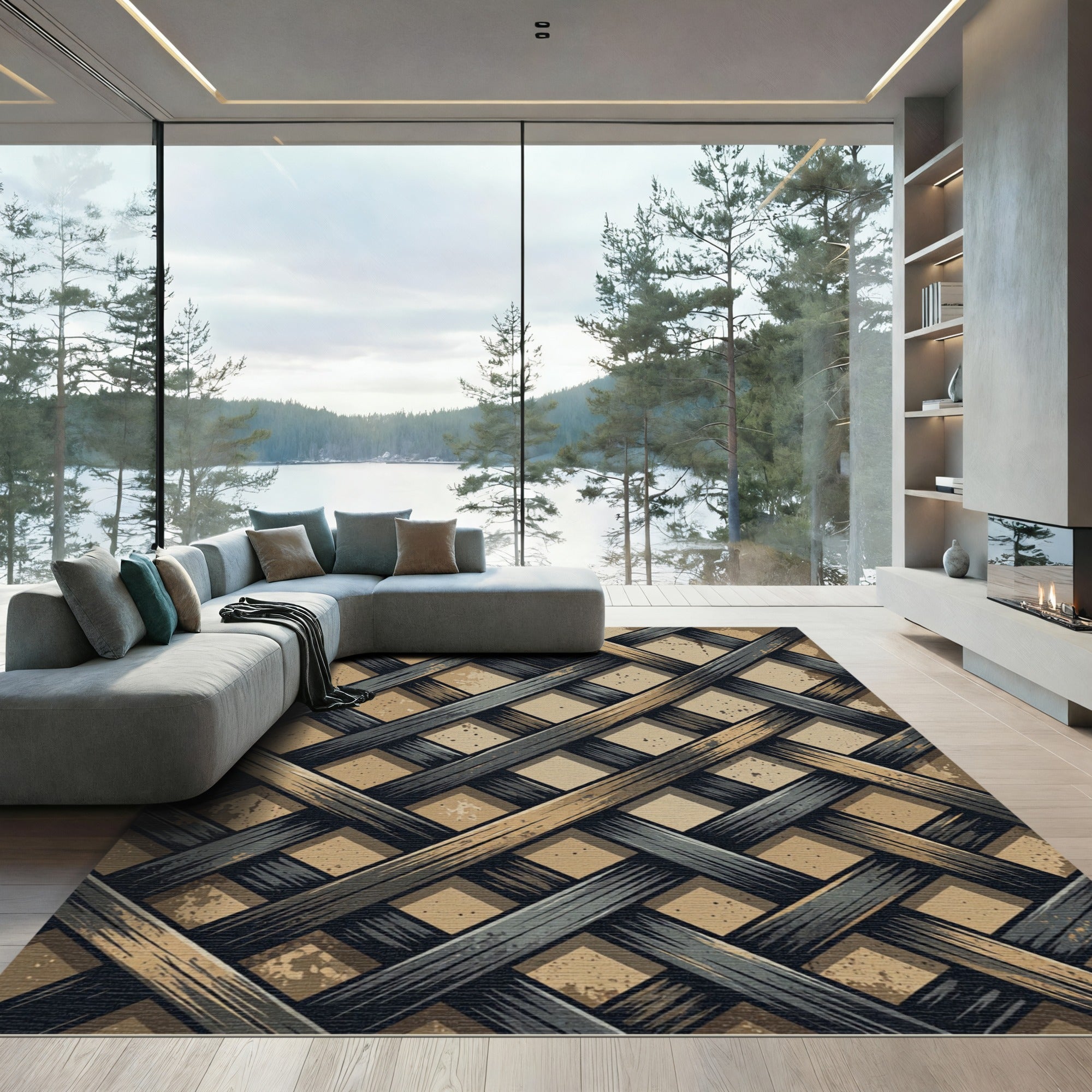 Interwoven Charcoal and Sand Crosshatch Rug