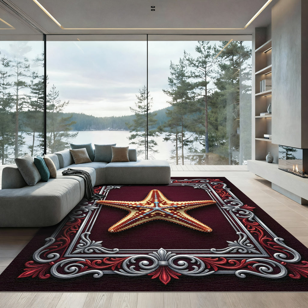 Ornate Deep Burgundy Starfish Frame Rug