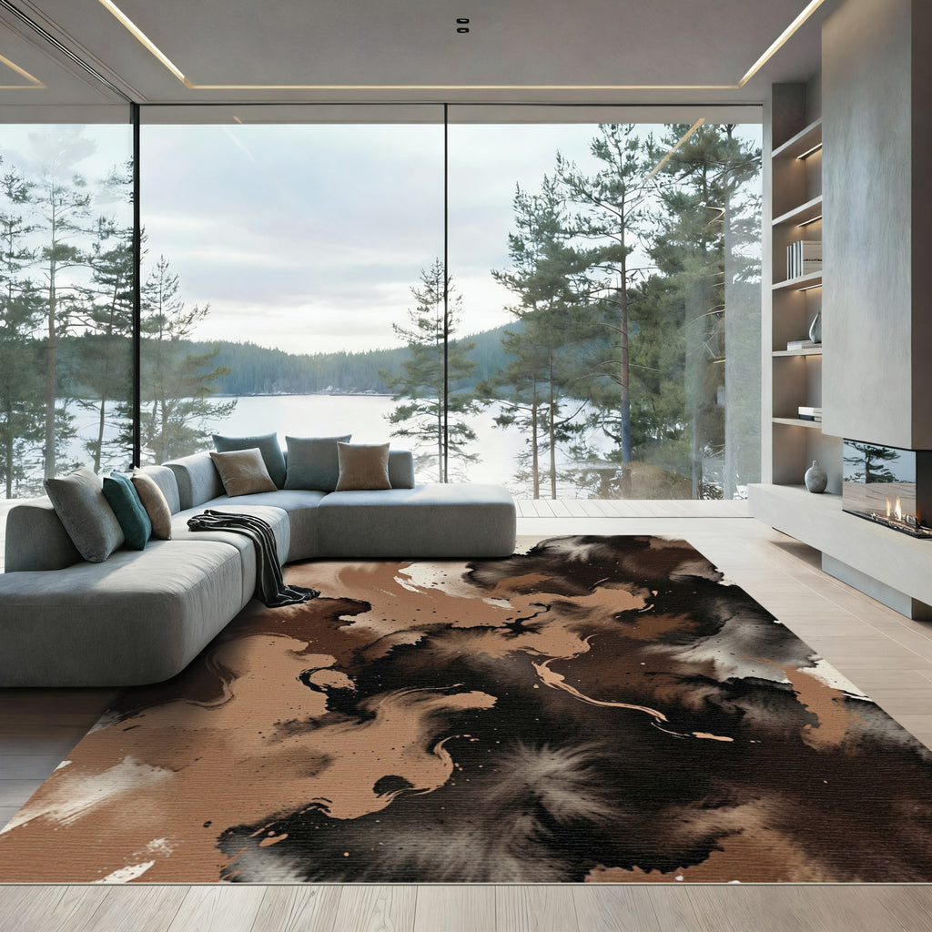 Earthy Brown Abstract Ink Swirl Rug
