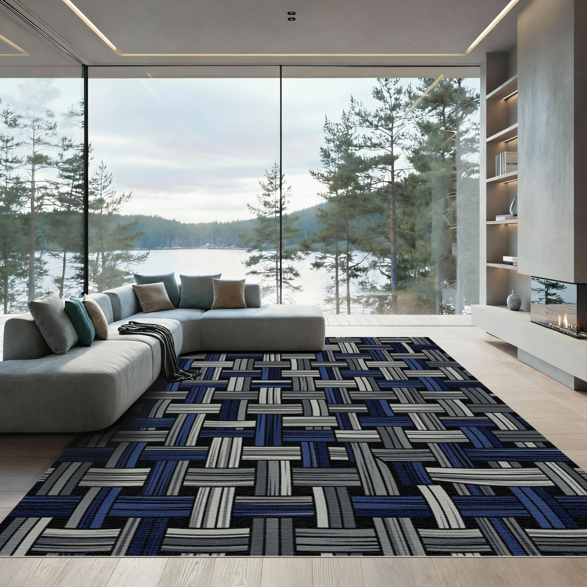 Modern Midnight Blue Interwoven Textured Grid Rug
