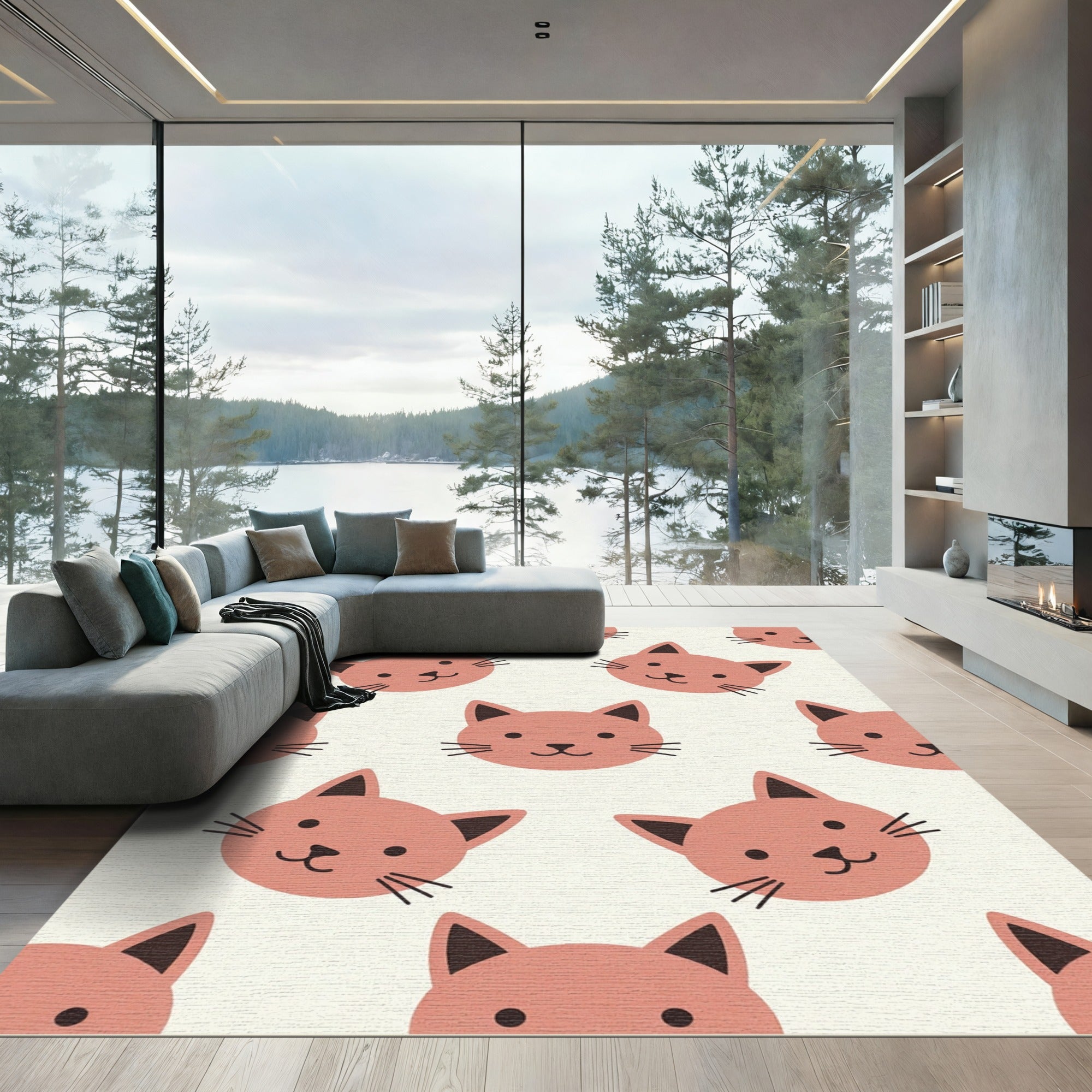 Playful Coral Cat Face Repeat Rug