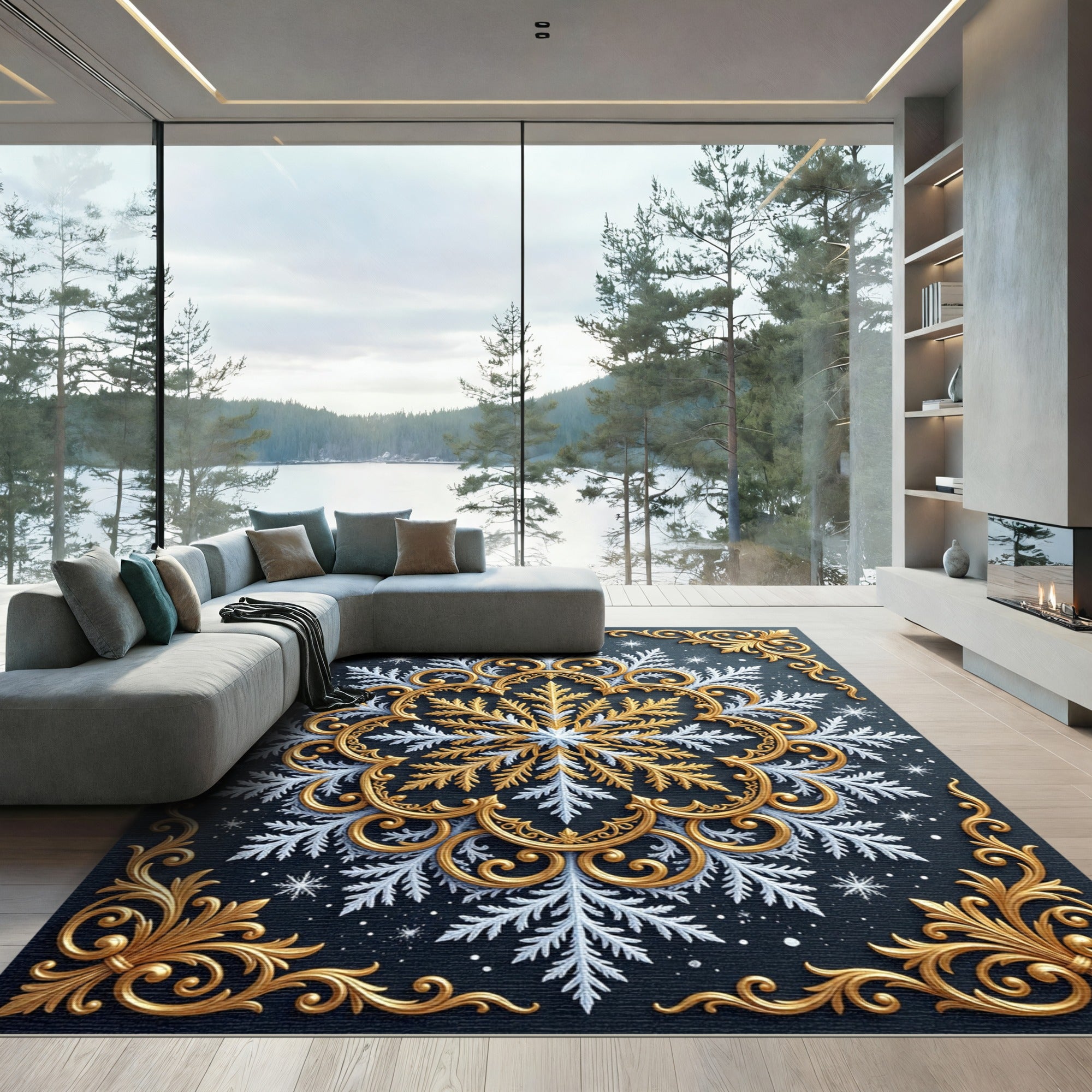 Ornate Gold and Silver Winter Snowflake Rug