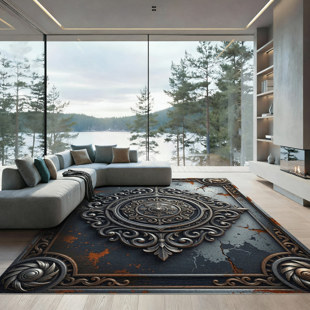 Ornate Metallic Gray Filigree Medallion Rug
