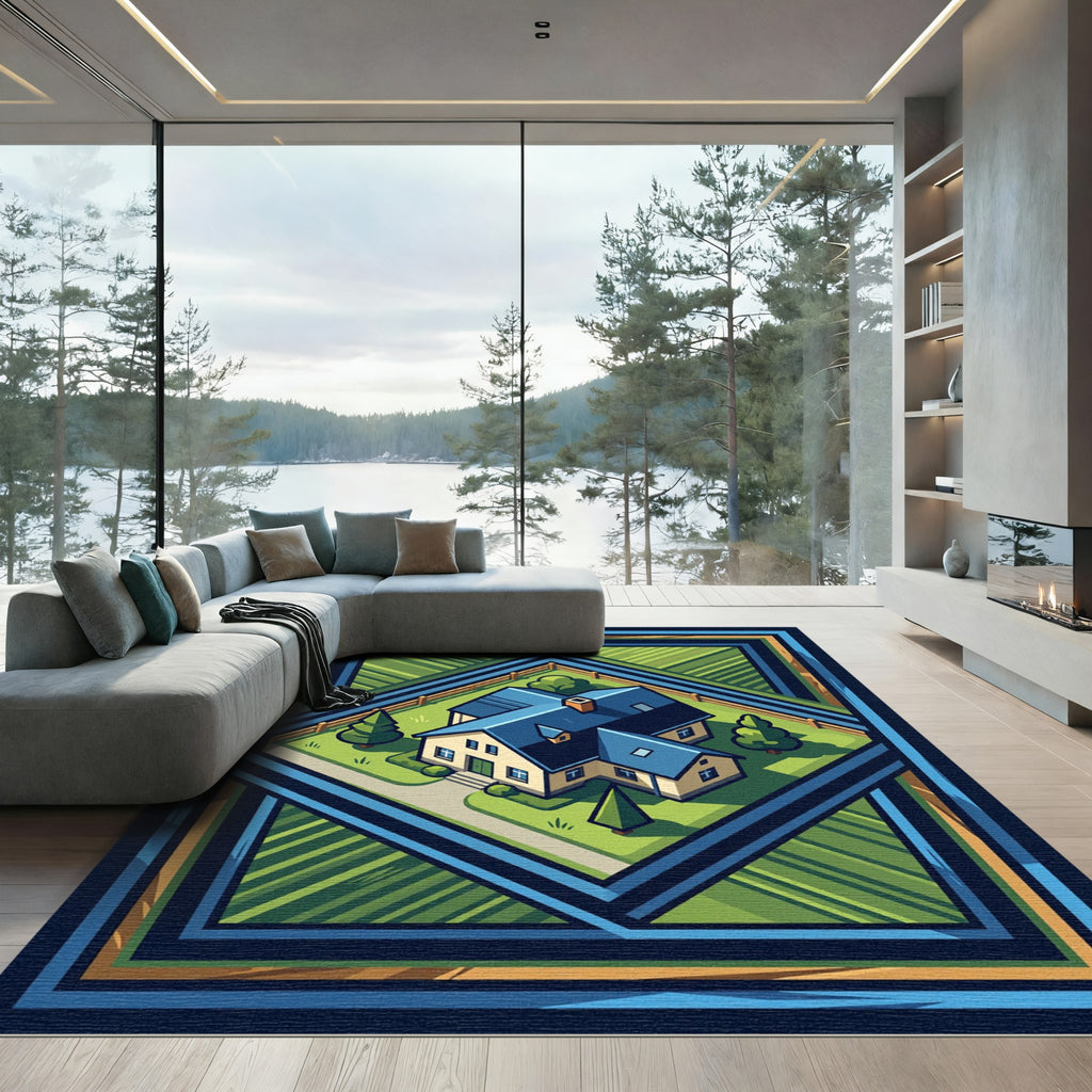 Blue Roof House Field Geometric Border Rug