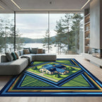 Blue Roof House Field Geometric Border Rug