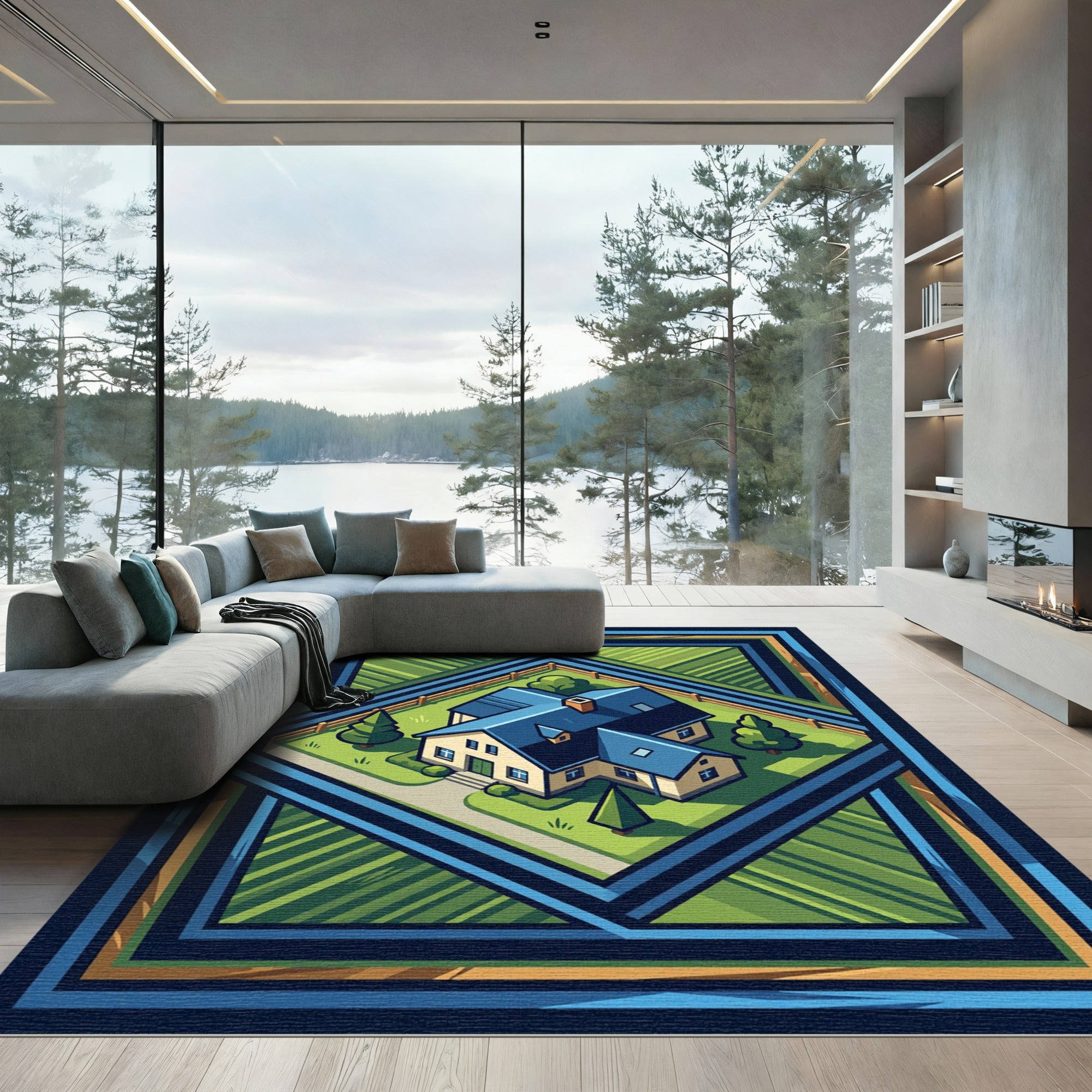 Blue Roof House Field Geometric Border Rug