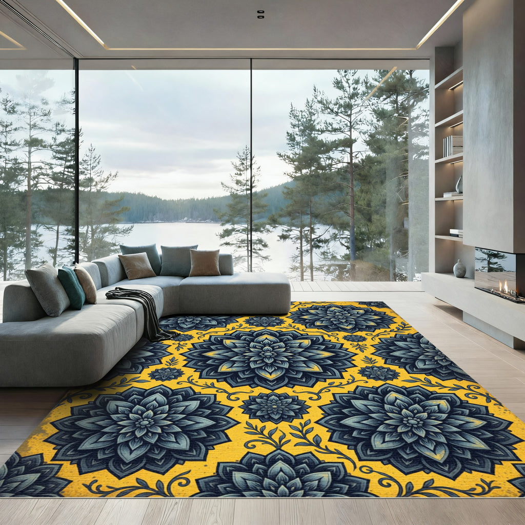 Dark Blue Floral Medallion Aged Saffron Rug