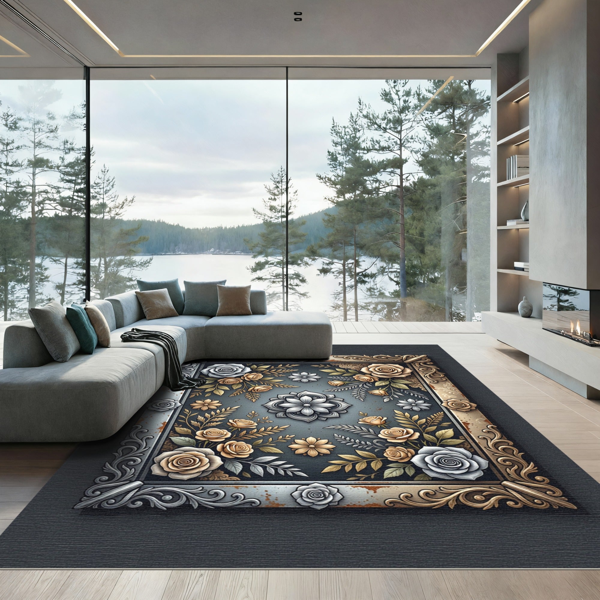 Ornate Floral Garden Rose Medallion Rug