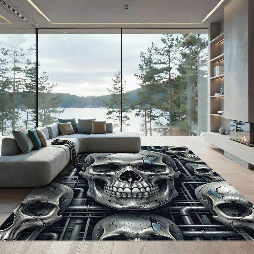 Cybernetic Metallic Skull Industrial Wall Art Rug