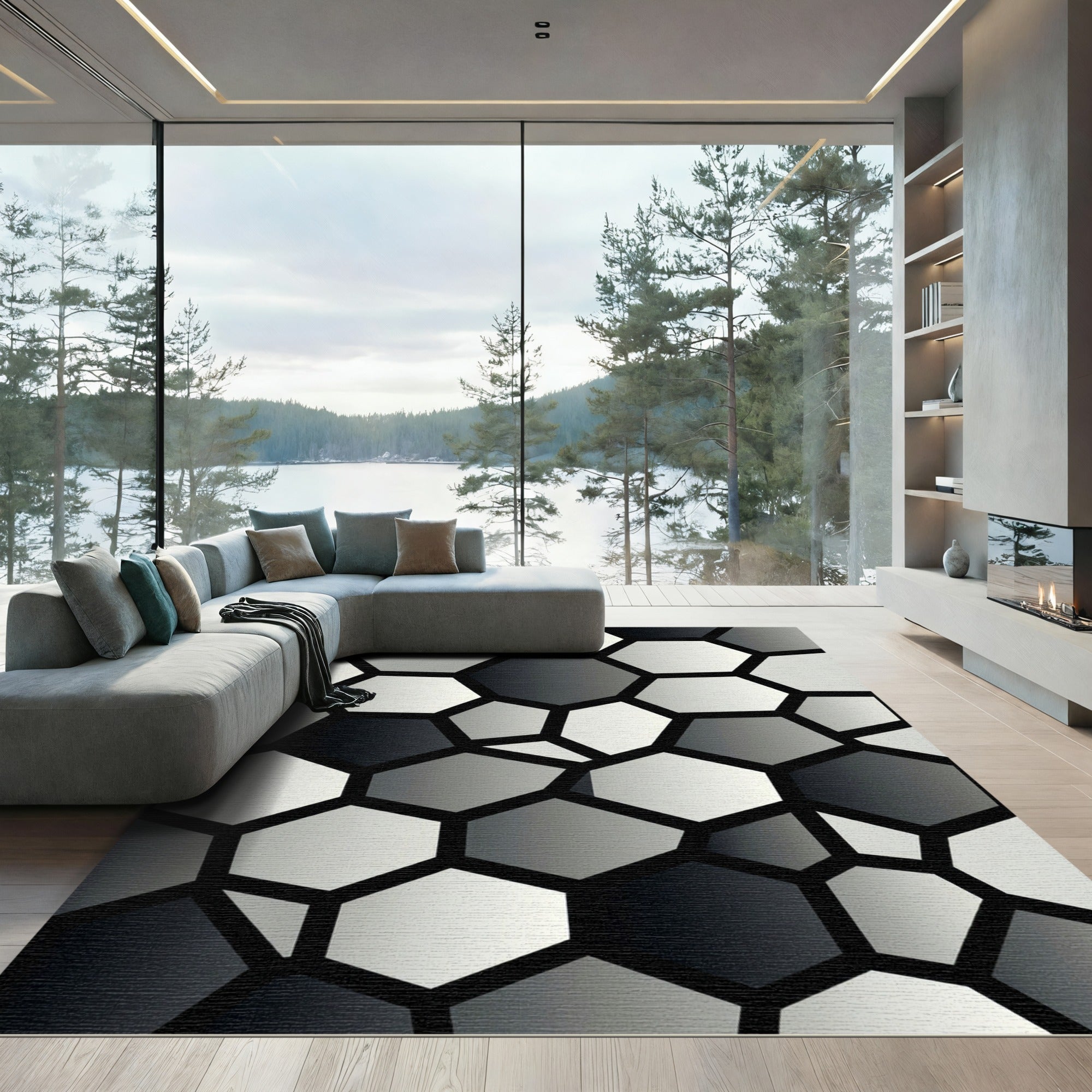 Monochrome Geometric Abstract Hexagonal Mosaic Rug