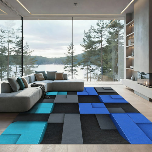 Abstract Blue Gray Cubist Composition Rug