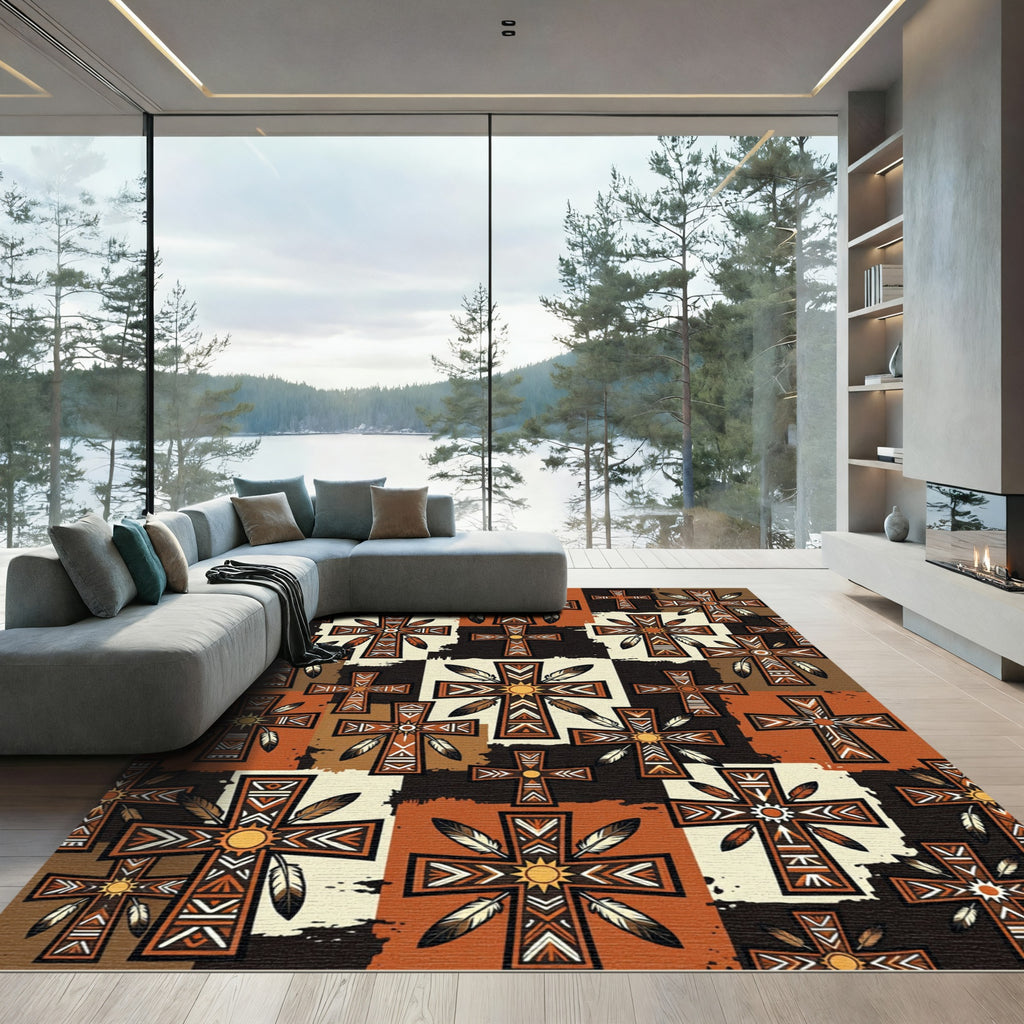 Earthy Southwestern Cross Feather Tile Rug