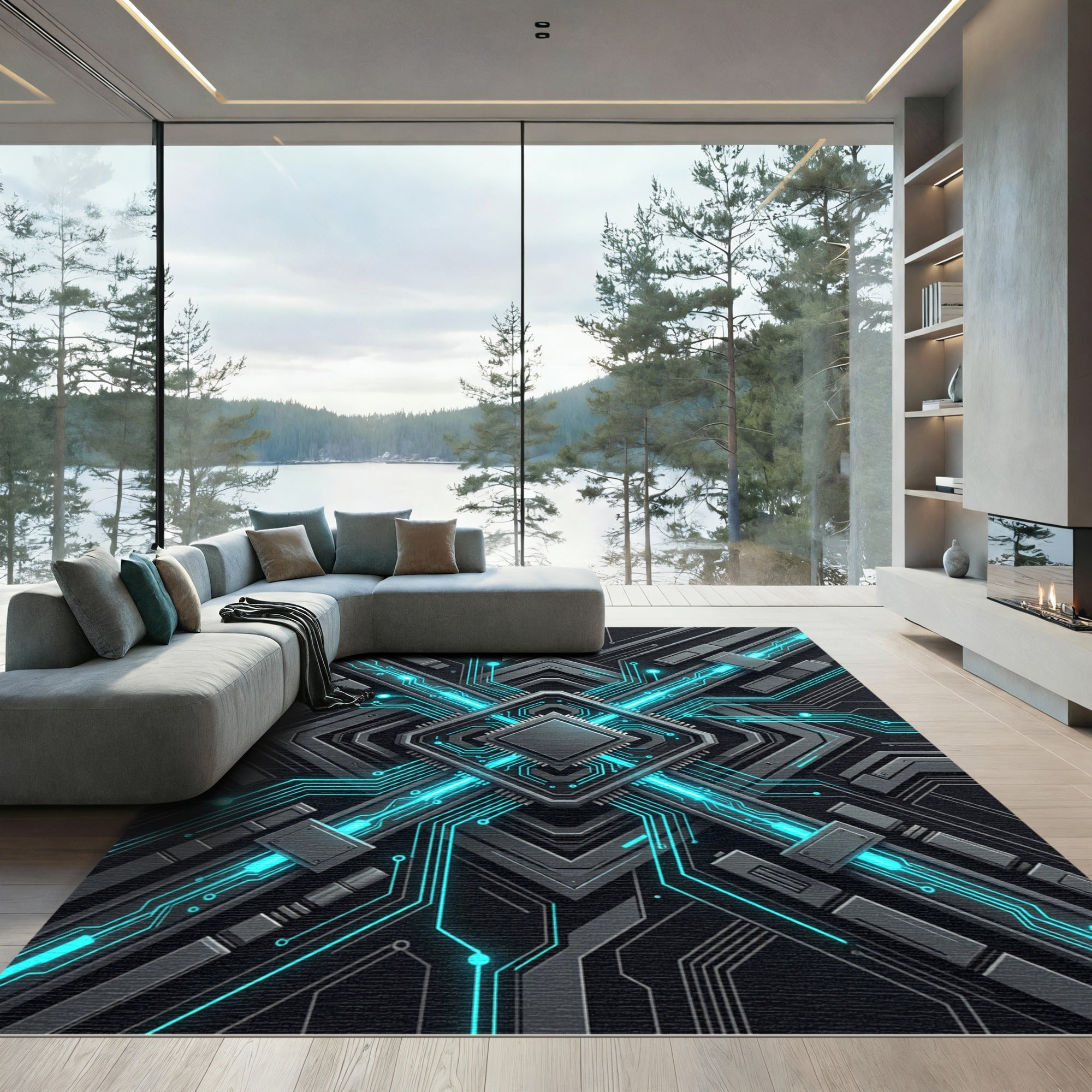 Luminous Cybernetic Circuitry Geometric Grid Rug