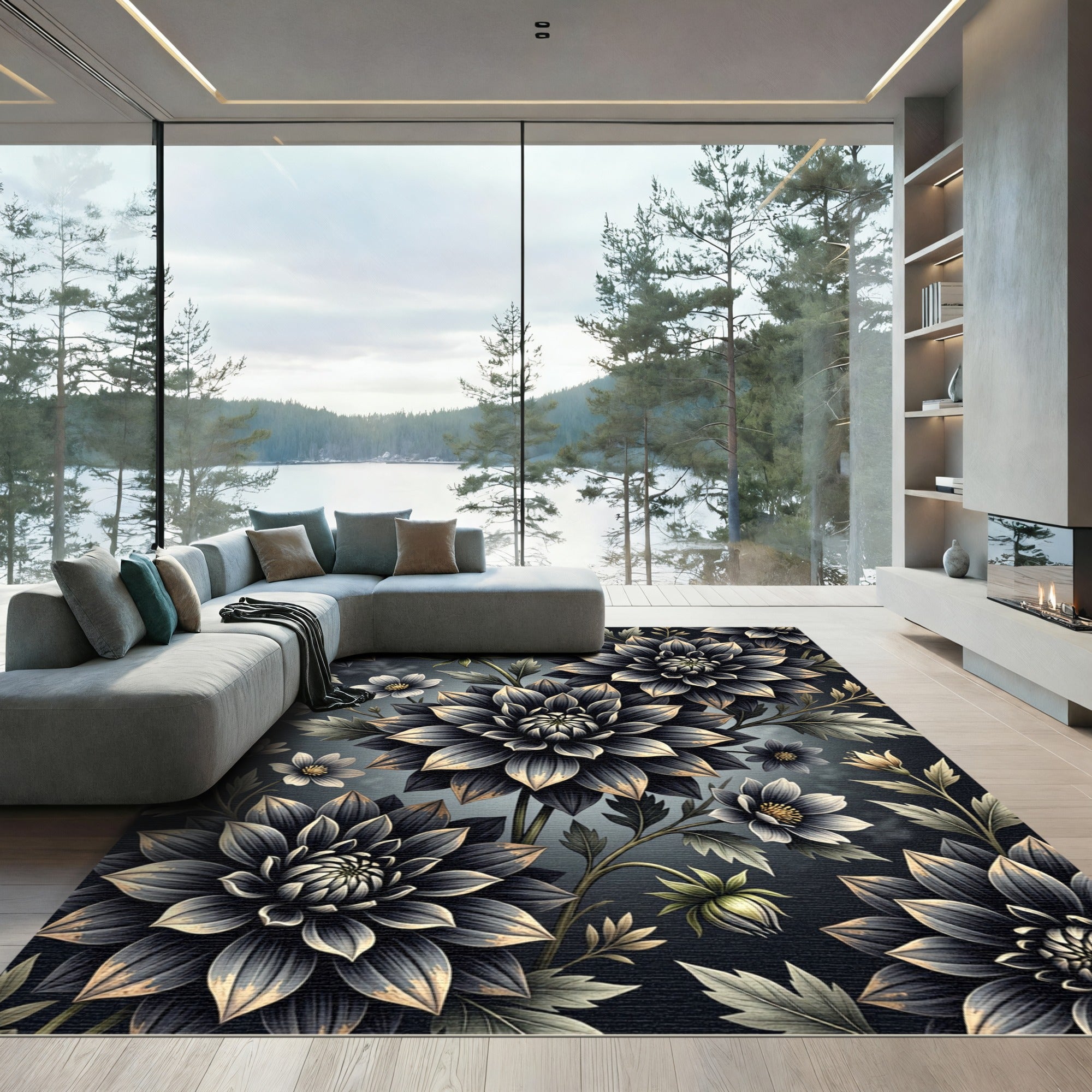 Dark Botanical Floral Accent Rug