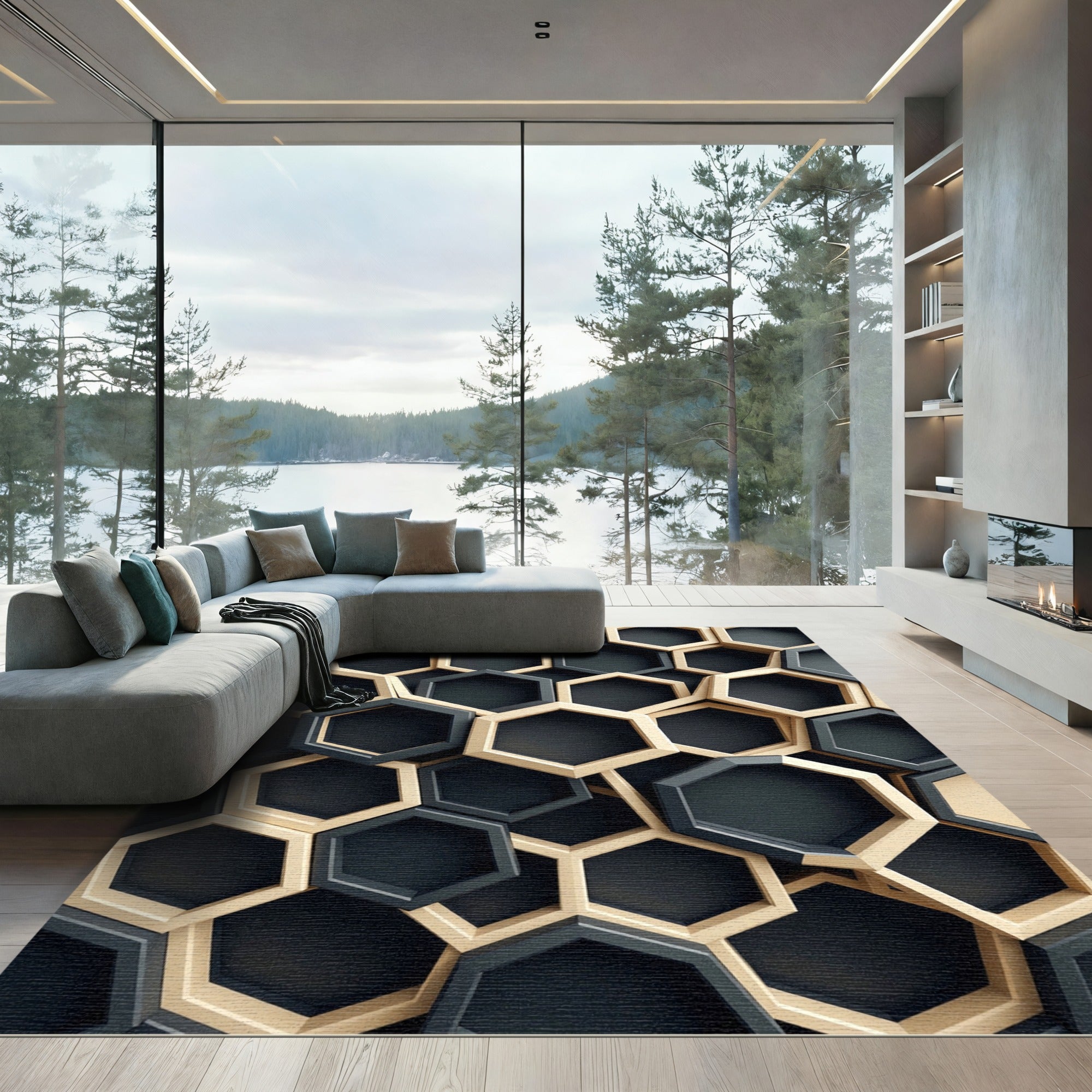 Black and Gold Geometric Hexagon Area Rug