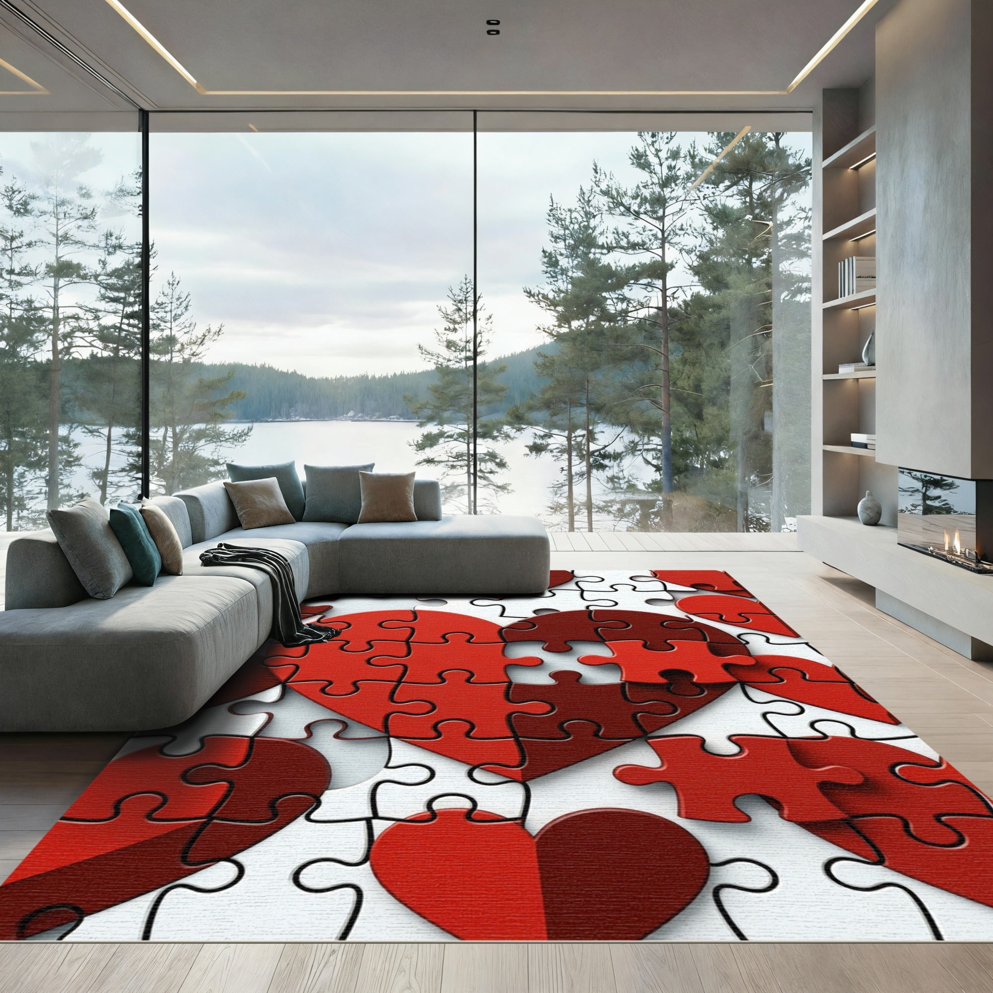 Crimson Heart Shaped Puzzle Collage Rug