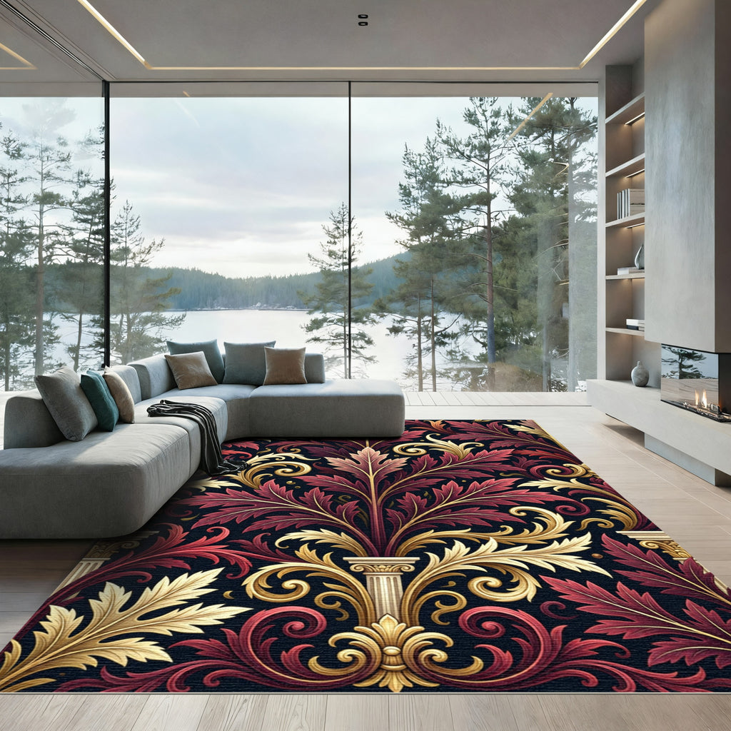 Rich Red Gold Acanthus Scroll Rug