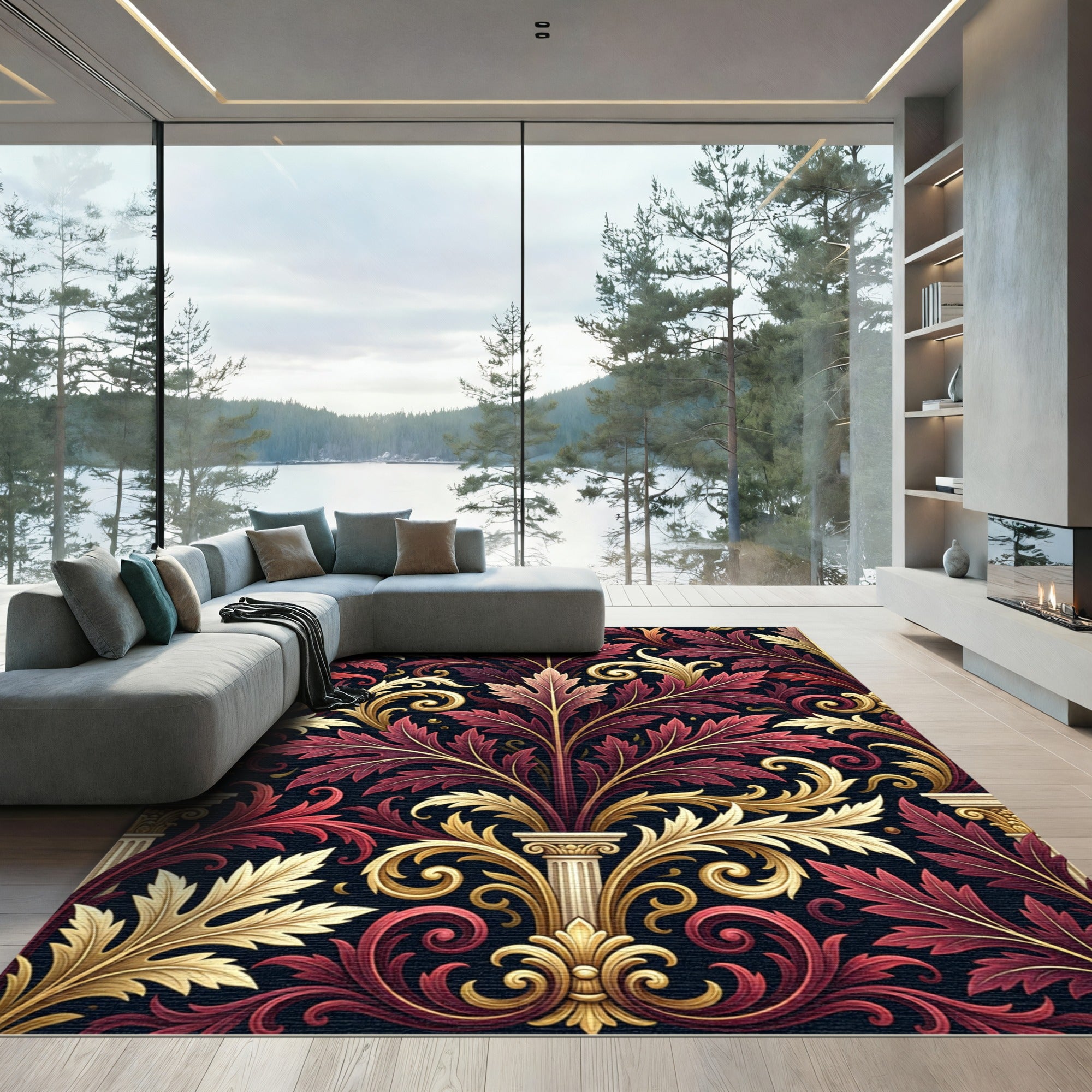Rich Red Gold Acanthus Scroll Rug
